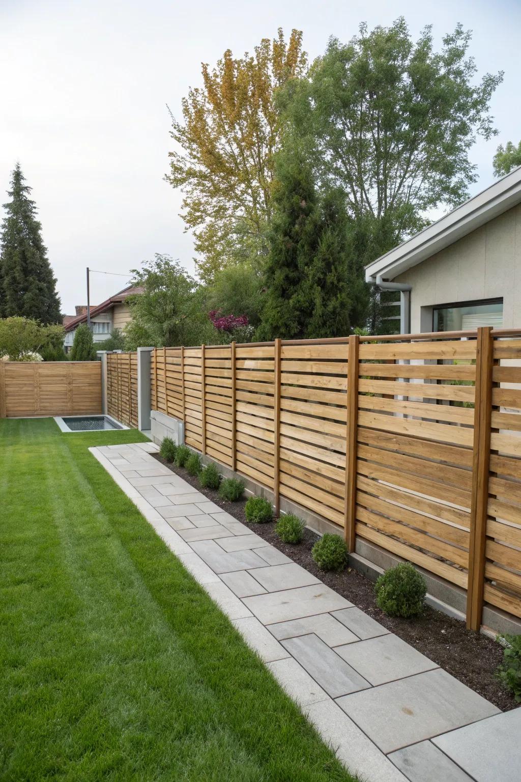 A chic timber fence using horizontal panels for stylish privacy.