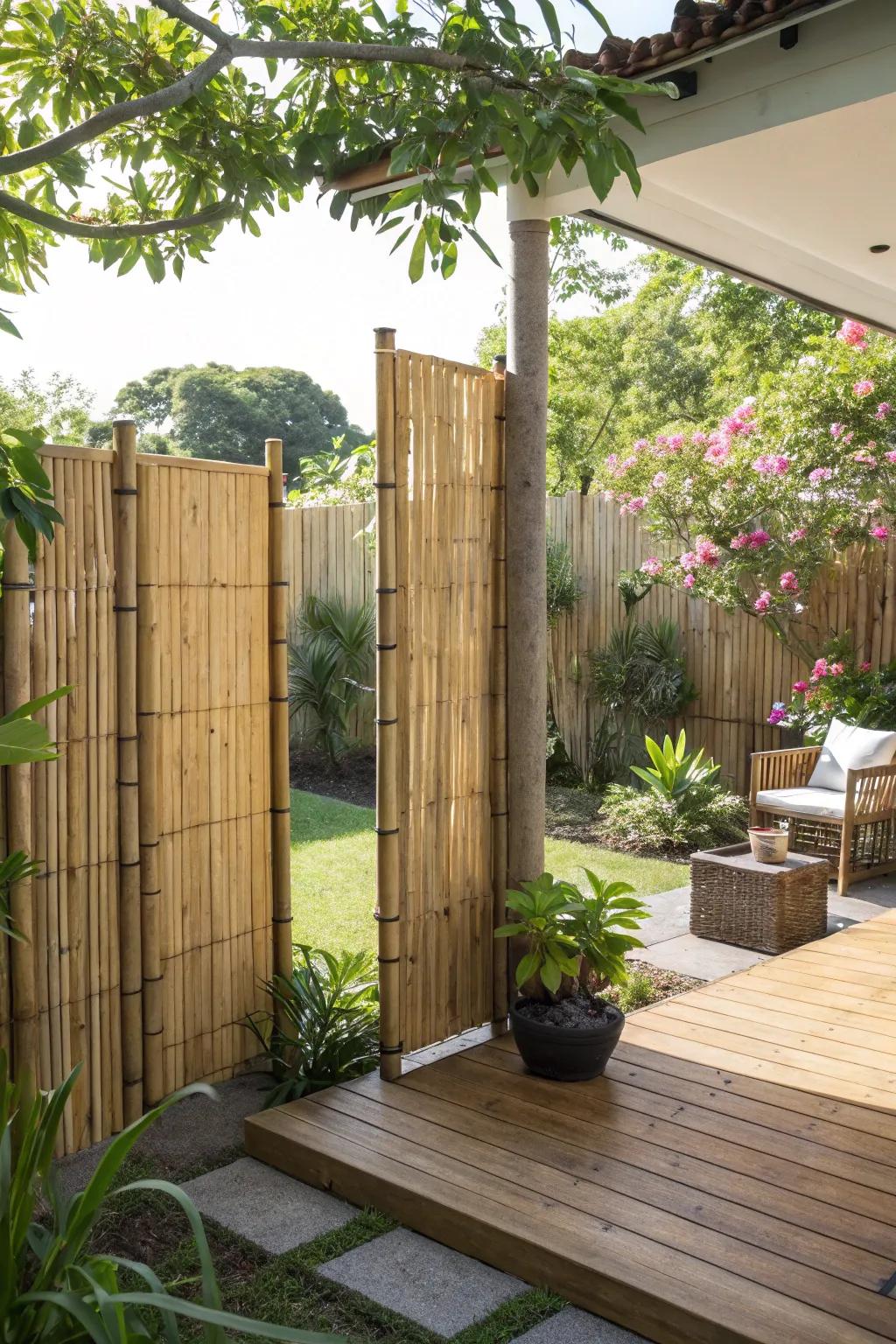 Bamboo screens offer quick privacy with a tropical twist.