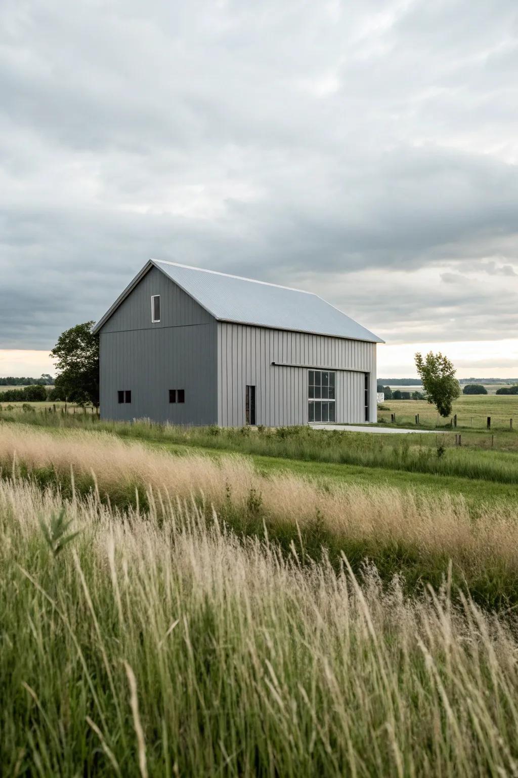 A modern gray barn showcasing clean lines and contemporary appeal.