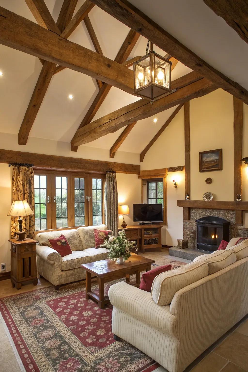 Exposed timbers bring a sense of historical charm to modern interiors.