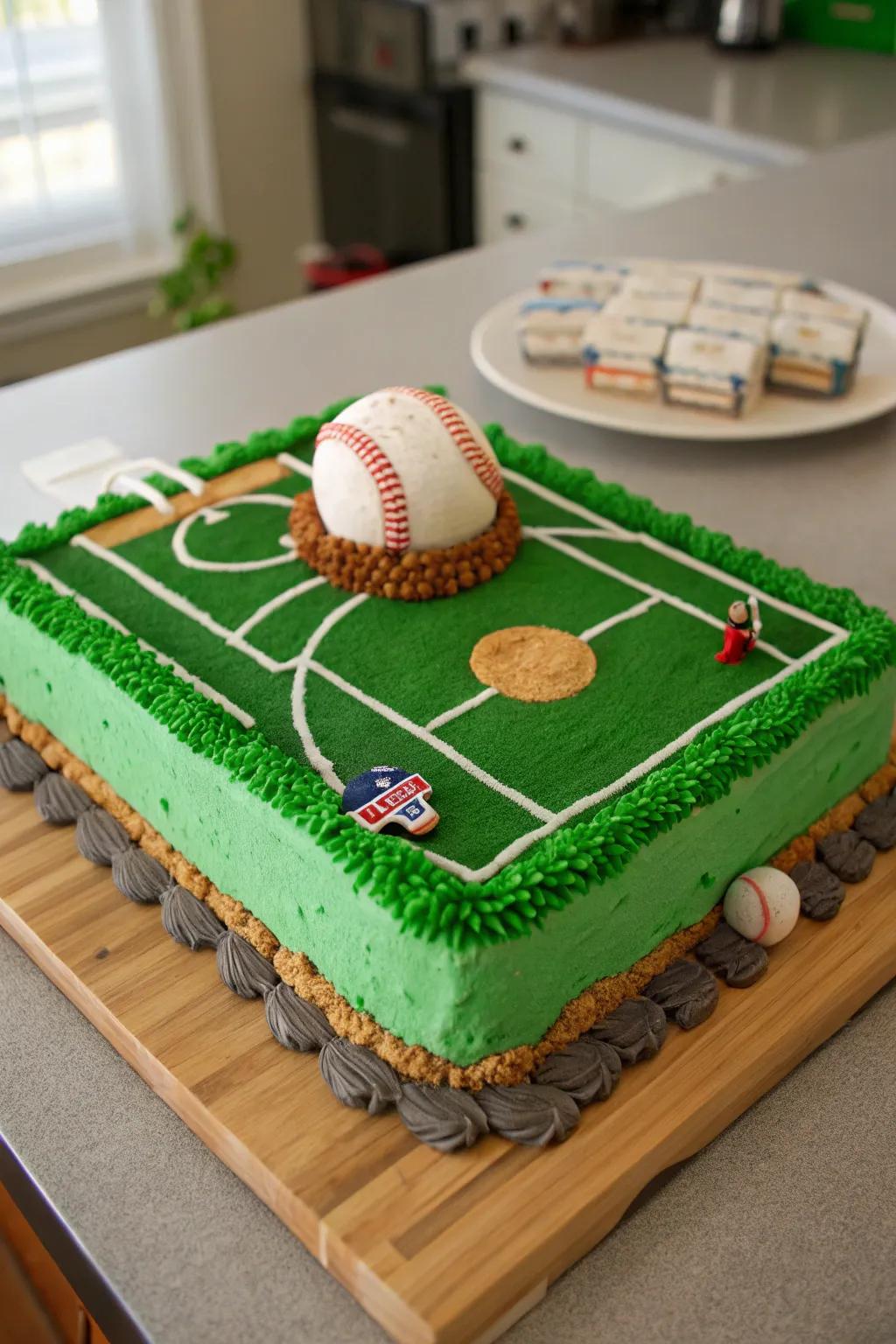 A playful baseball field cake, perfect for any sports fan.