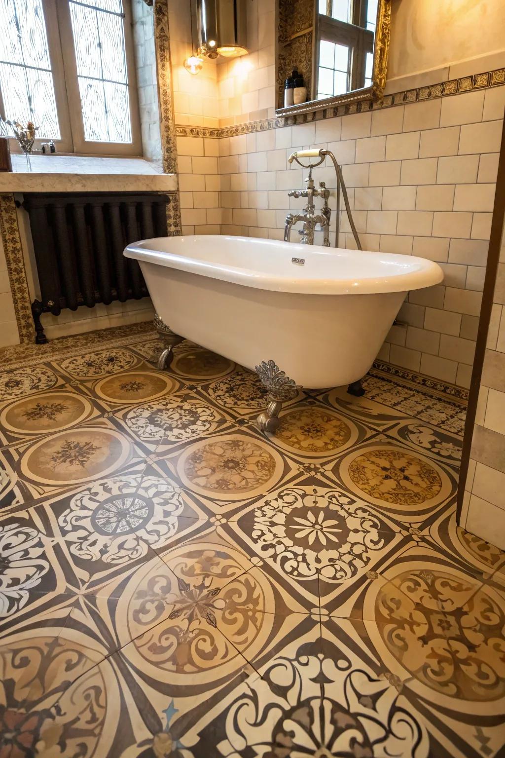 Intricate patterns on durable flooring become a stunning central feature in this vintage-inspired bathroom.