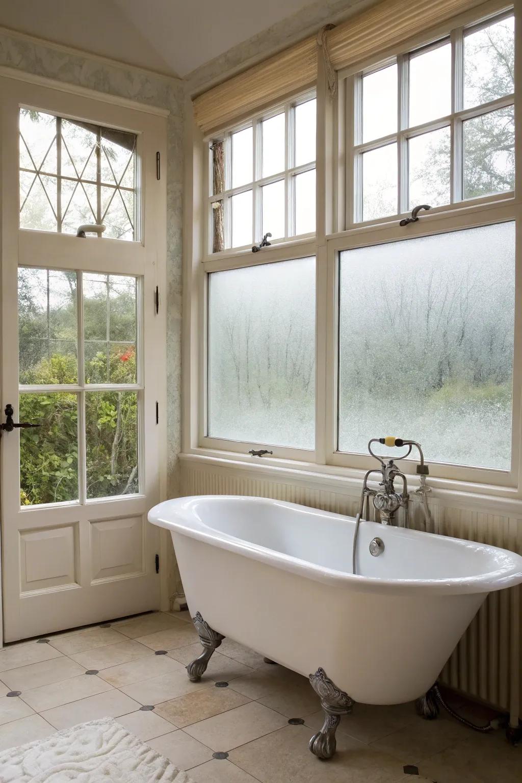 Seclusion meets sophistication: Etched glass preserves light while ensuring privacy.