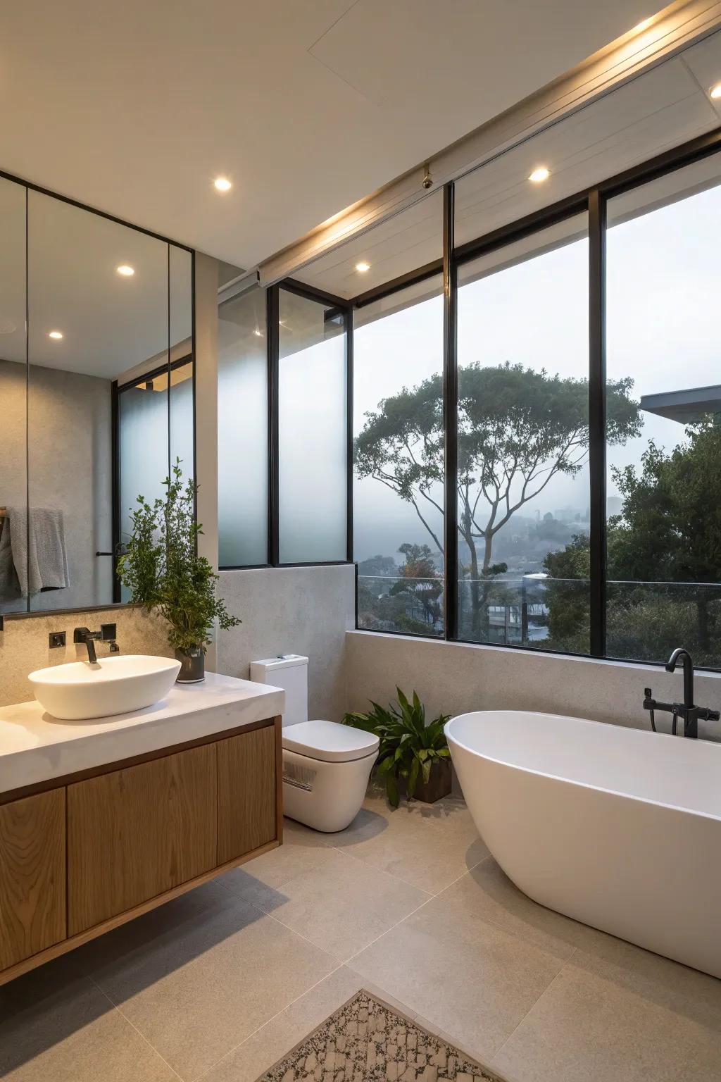 Frosted glass windows for privacy and soft lighting in the bathroom.