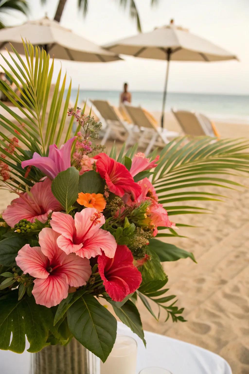 Tropical flowers bring a vibrant splash of color and coastal charm.