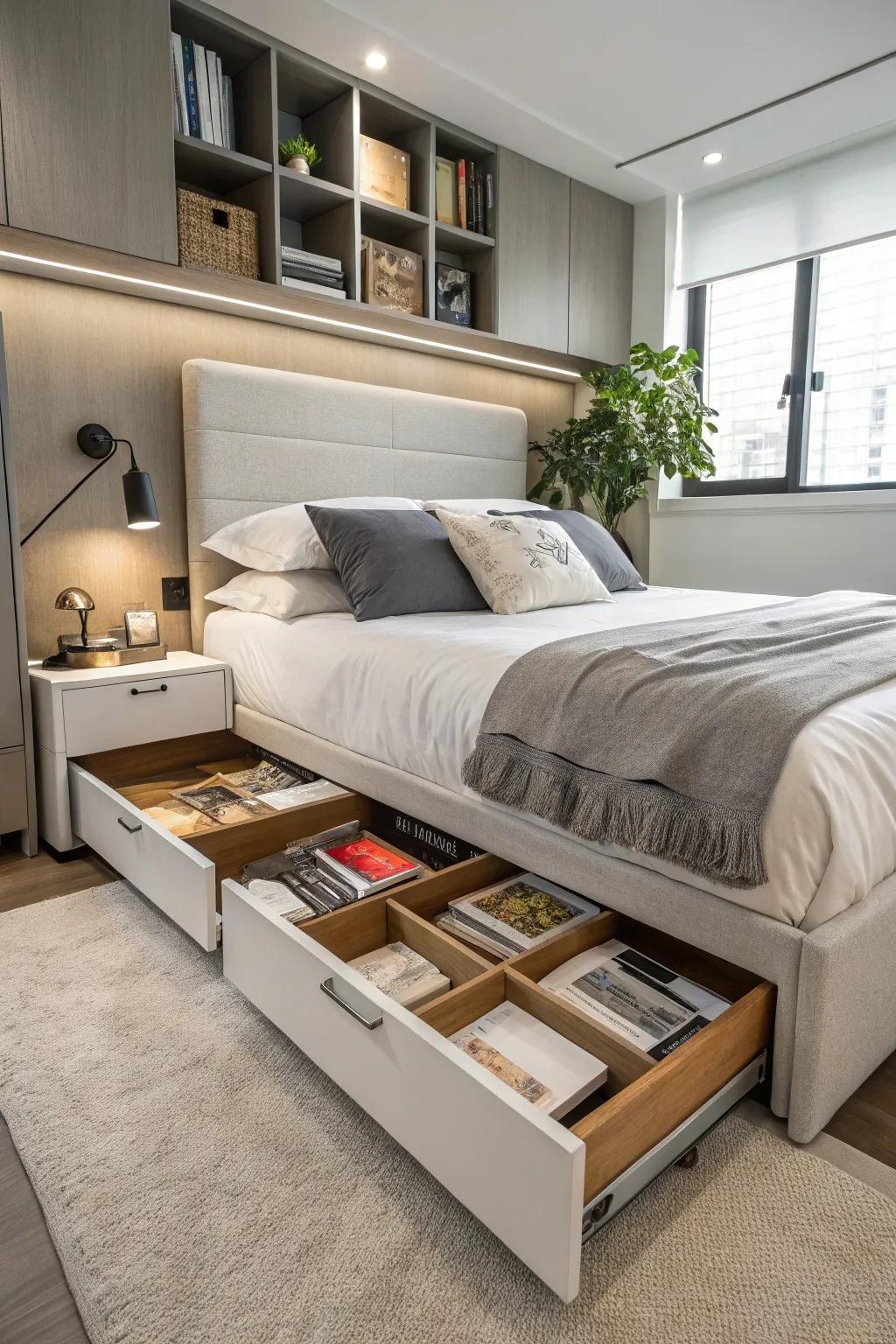 A bed frame with storage drawers provides an elegant solution for your organizational needs.