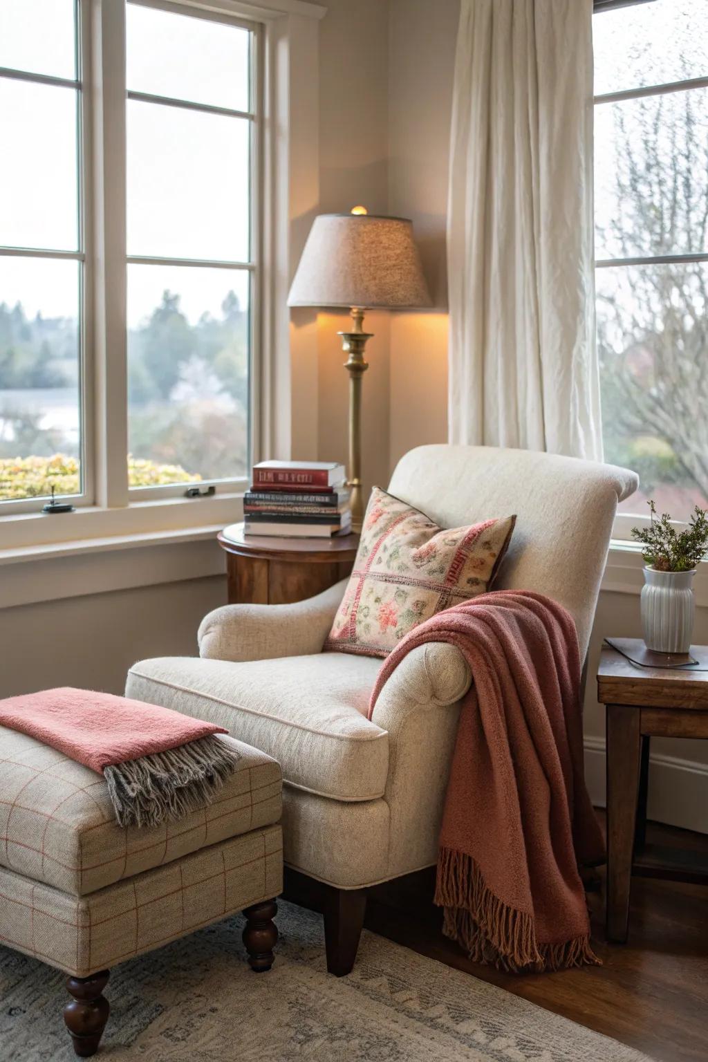 A cozy reading spot introduces an element of personal escape.