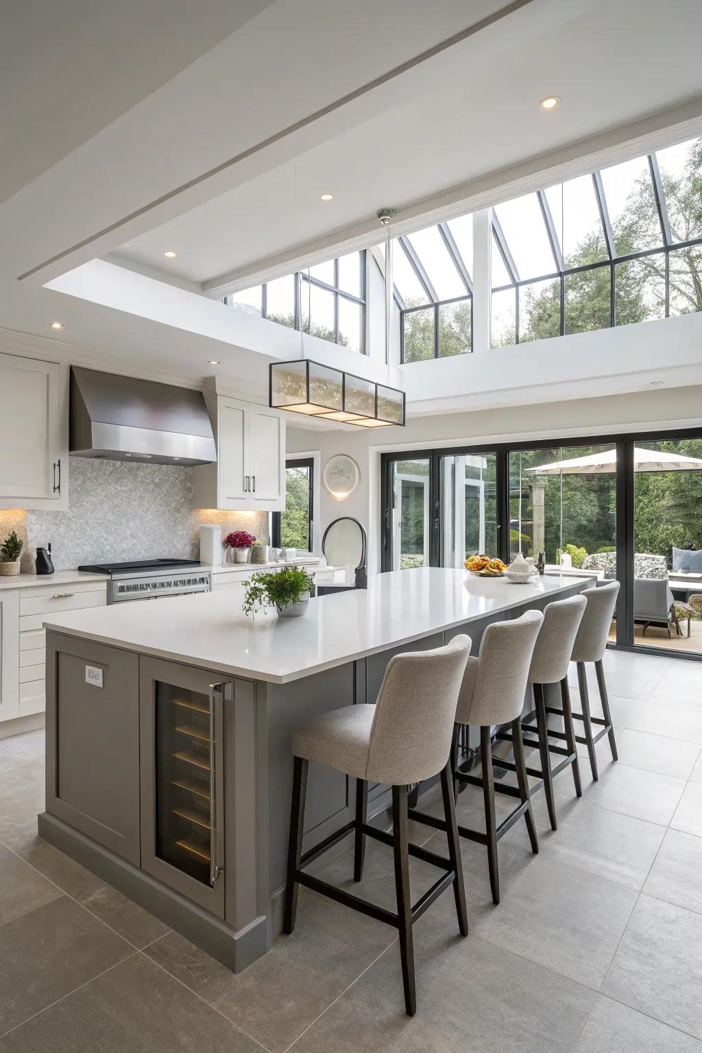 A grand kitchen island serving as a functional and social centerpiece.