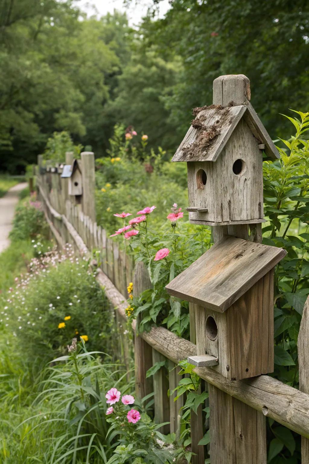 Rustic wooden birdhouses add a natural charm to a garden fence.