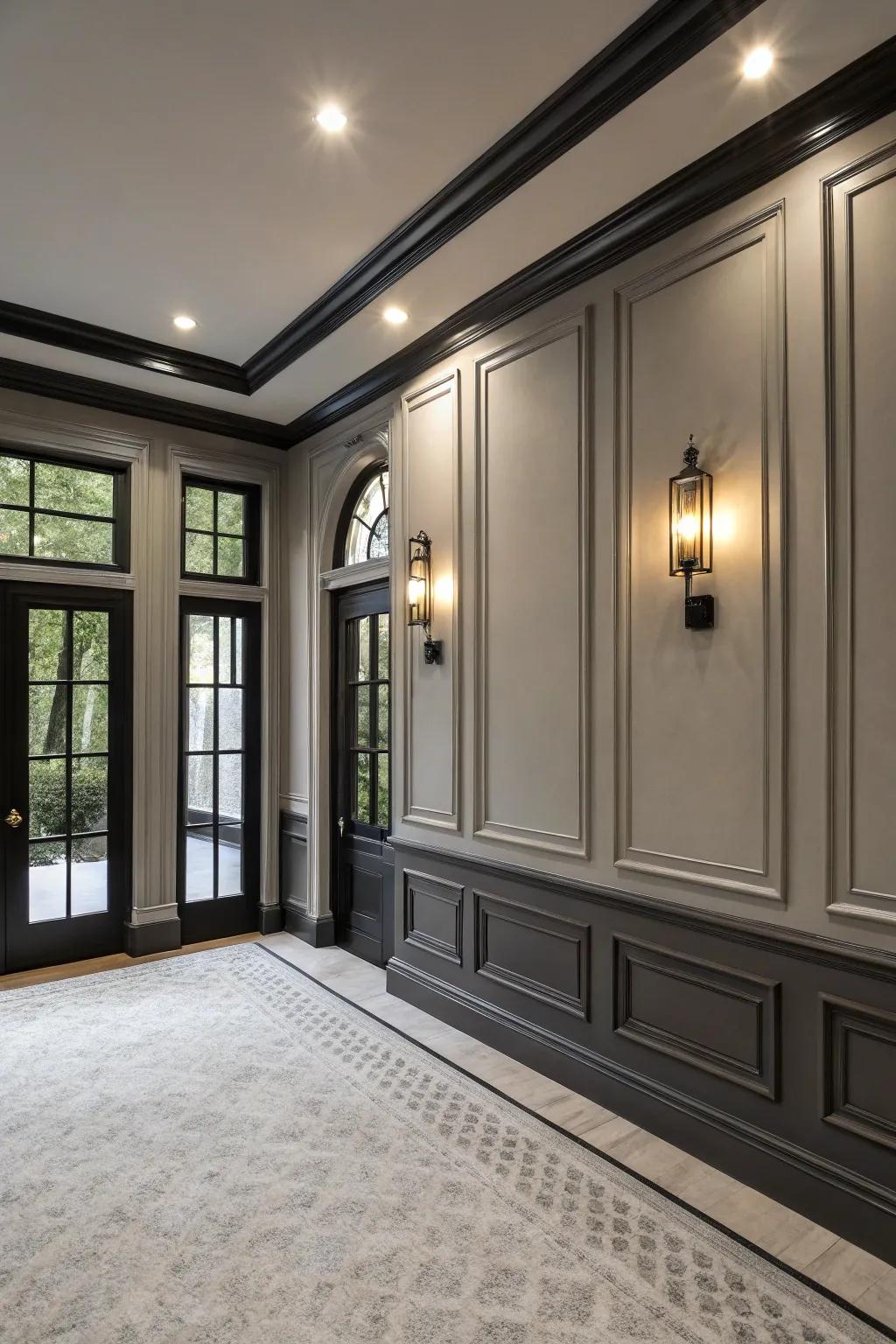 A refined room illustrating soft grey walls accentuated with bold black trim.