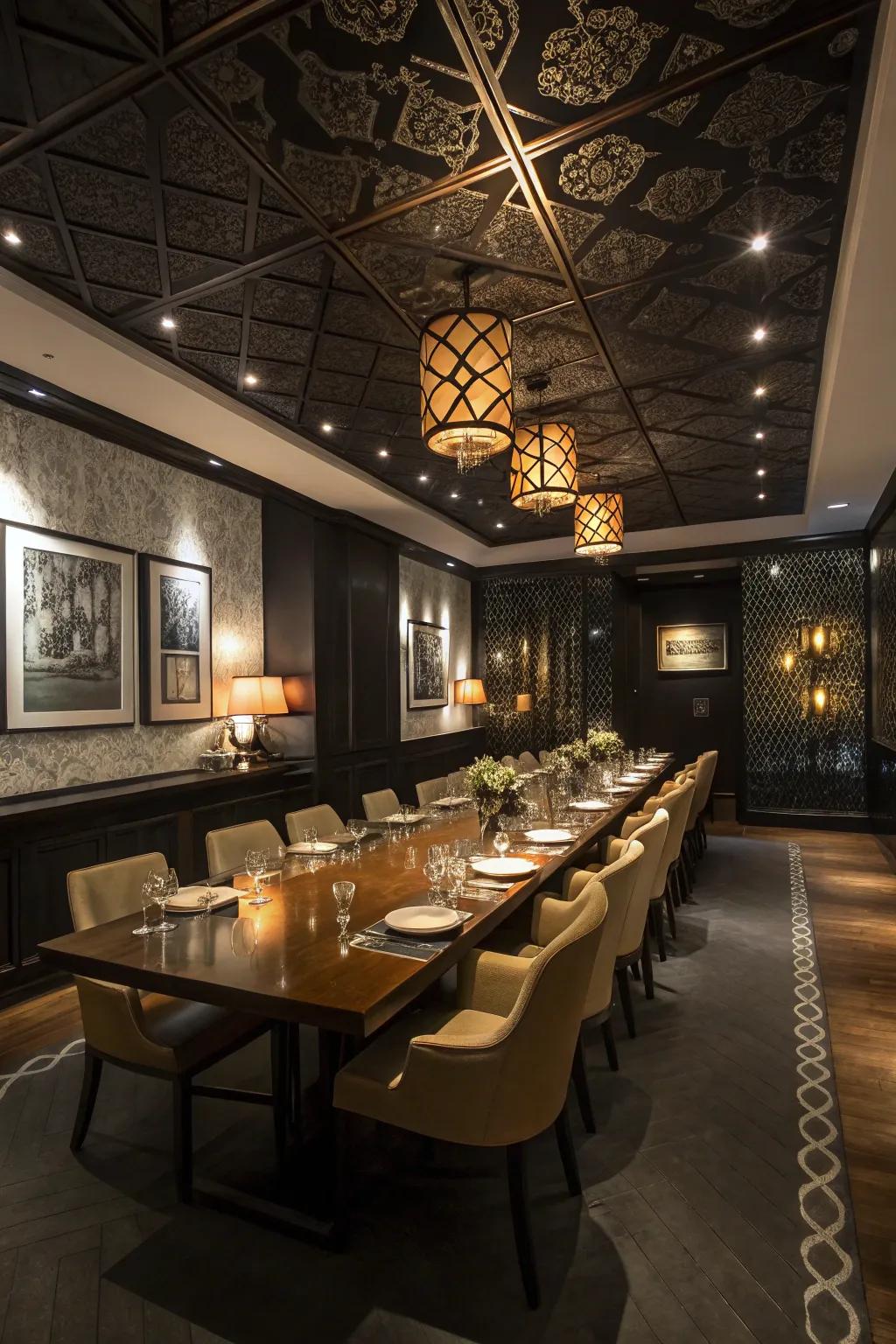 An elegant dining room where a black ceiling sets the mood for memorable meals.