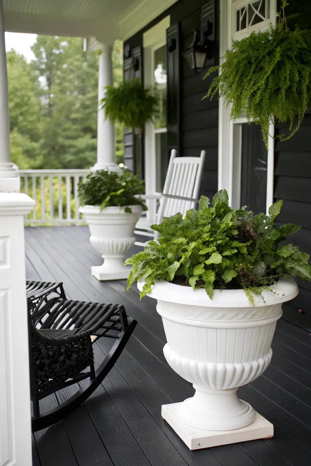 A dark porch featuring eye-catching light planters, creating a bold contrast.