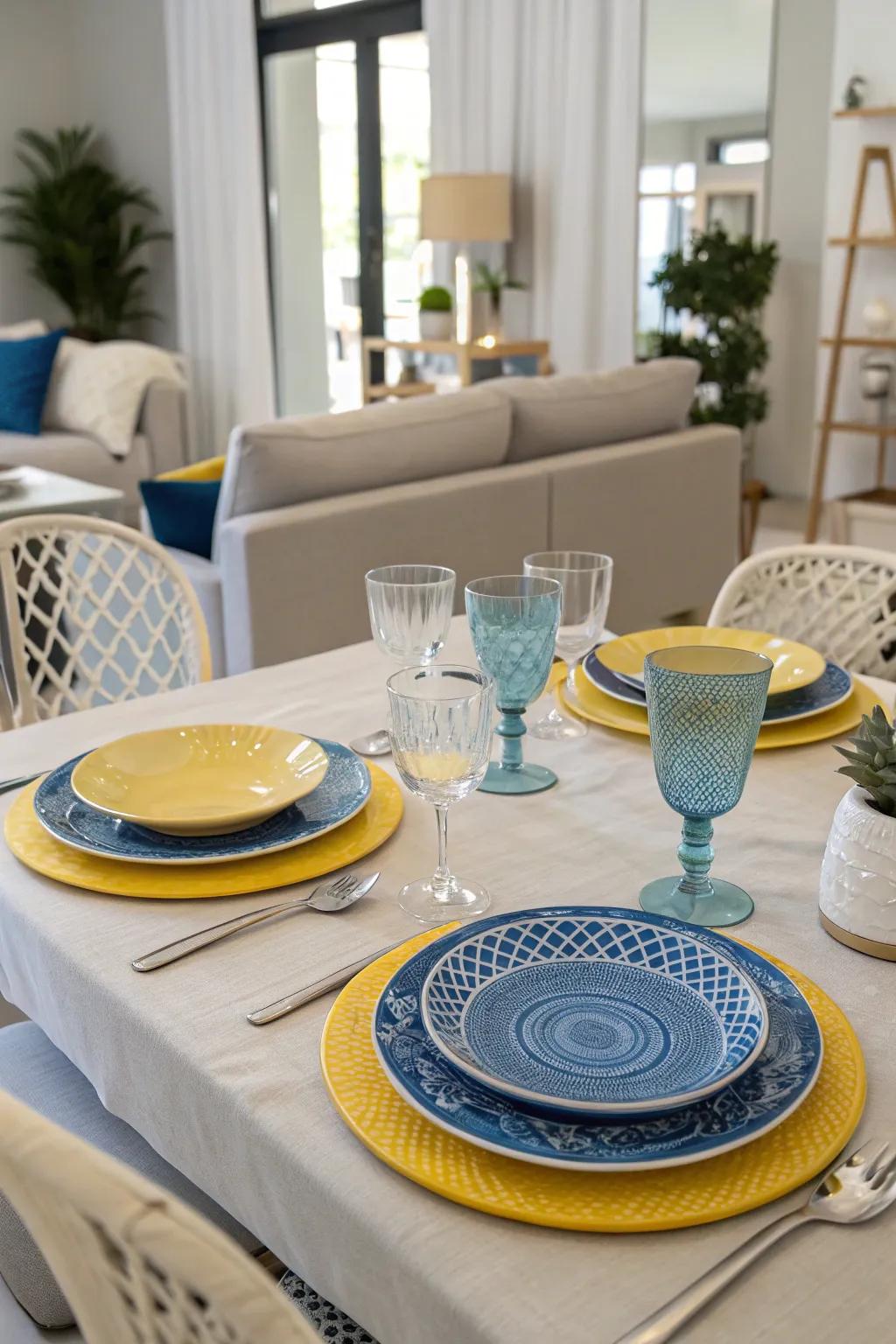A dining table adorned with azure and amber dinnerware, crafted to make every dining occasion delightful.