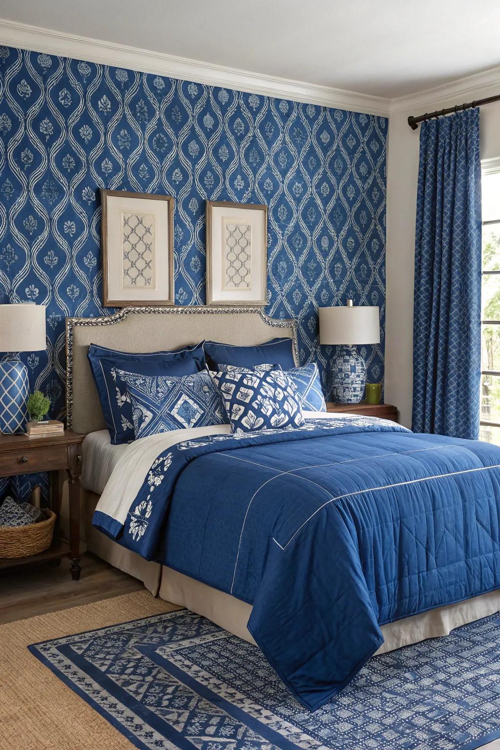A vibrant blue feature wall can significantly enrich the room's aesthetic charm.