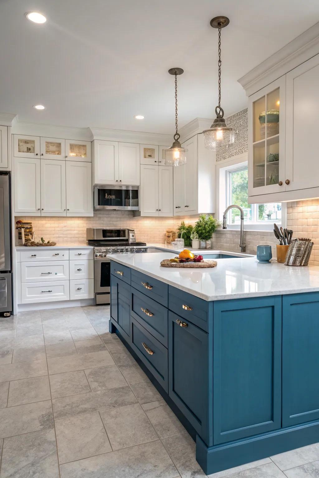 A refreshing kitchen with two-tone blue and white cabinetry.