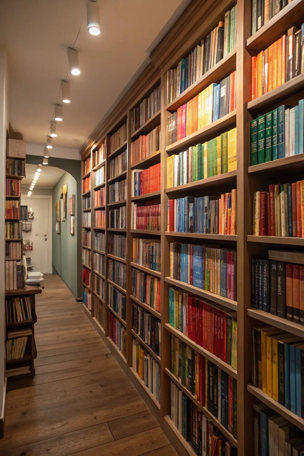 An arresting book display reaching from floor to ceiling, grabbing attention.