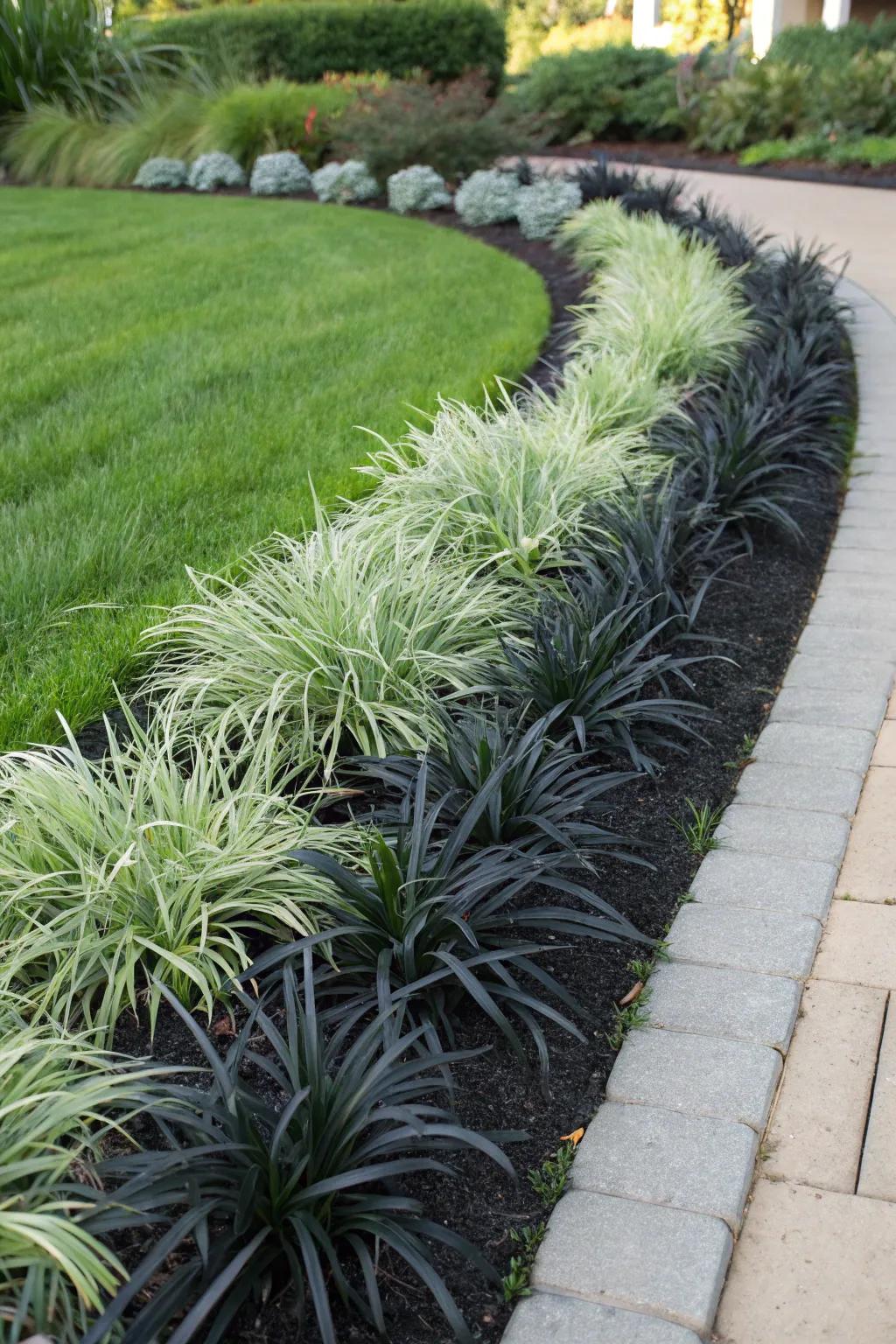 A powerful visual of midnight lawn grass against vibrant, light-colored plants.