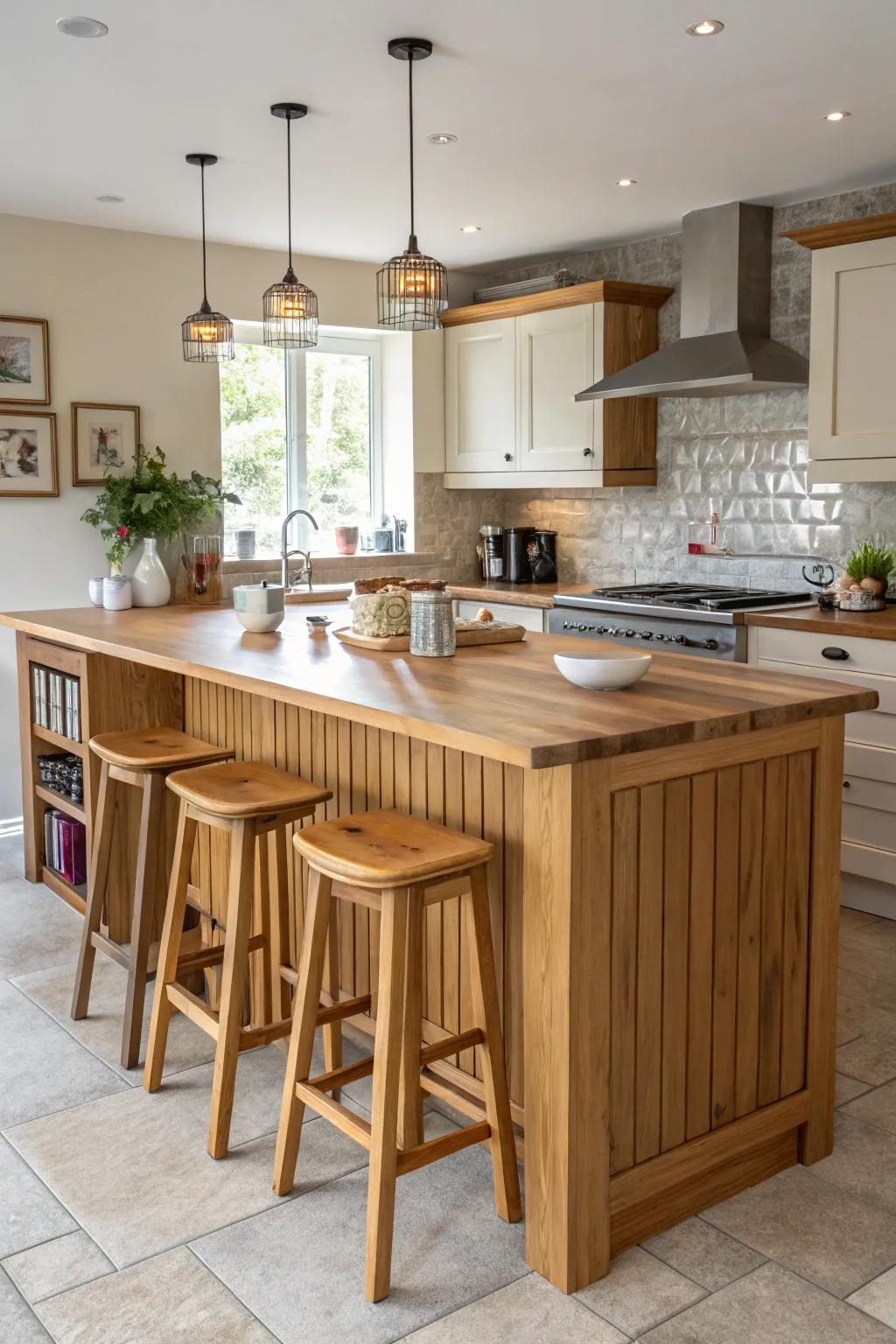 Warmth and elegance with a wooden breakfast bar in a cozy kitchen.