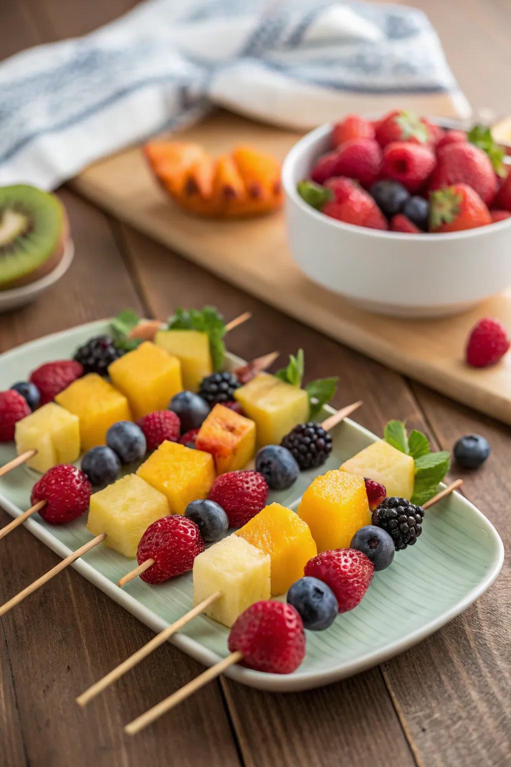 Colorful fruit skewers for a refreshing brunch touch.