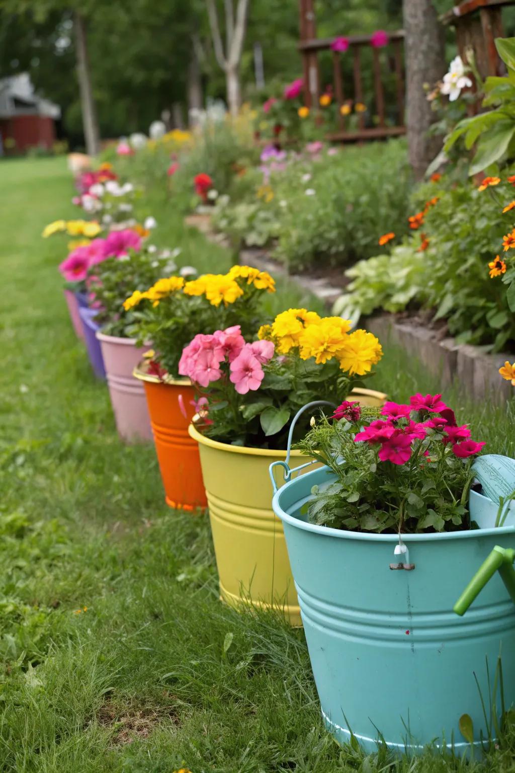 A garden filled with colorful buckets and blooming flowers.