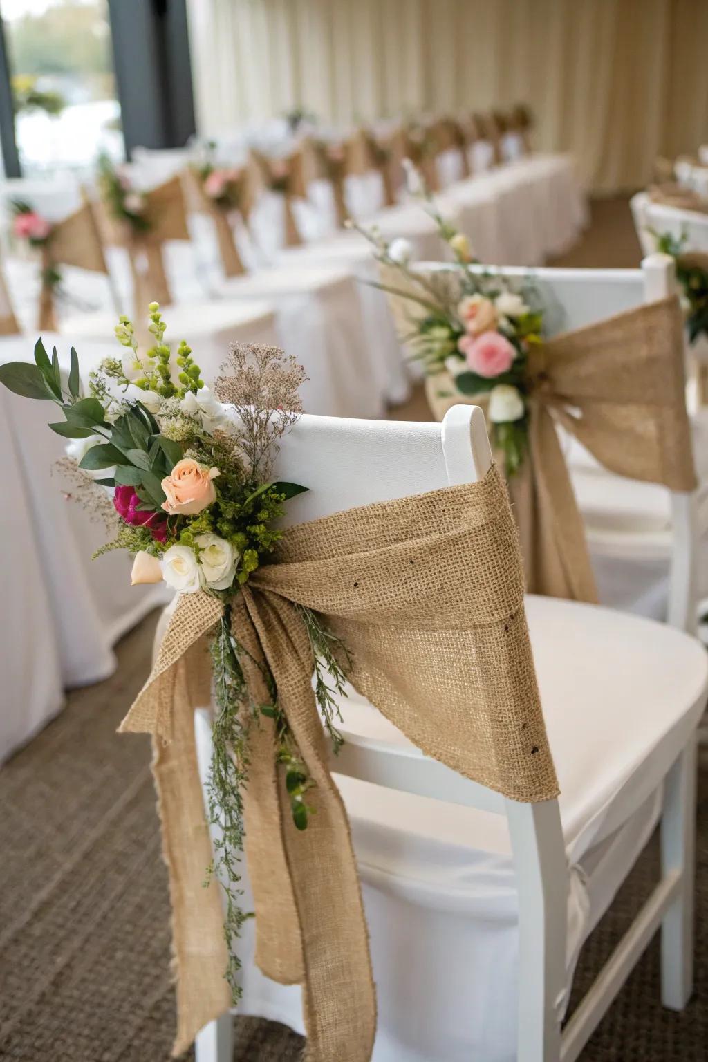 Enhance your chairs with burlap sashes for a rustic vibe.