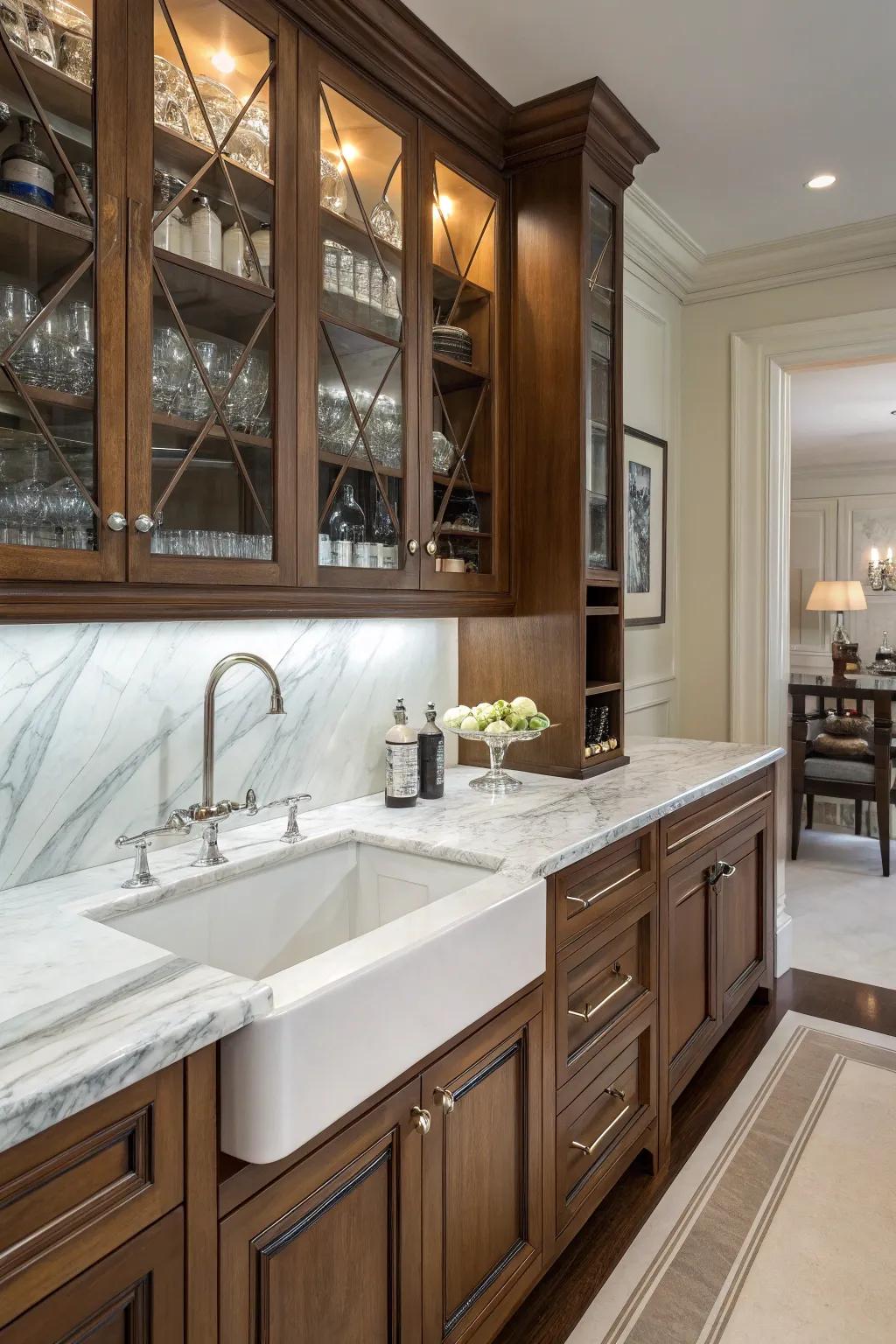 A handy prep sink nestled into a polished stone countertop.