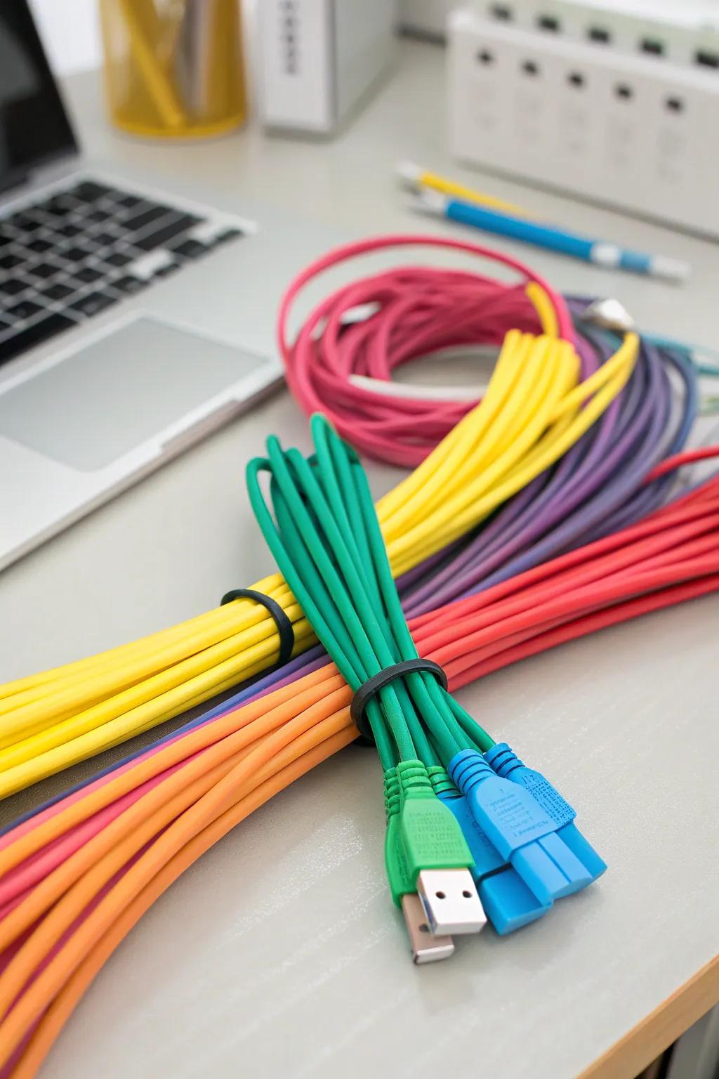Vibrant cable ties neatly gathering cables.