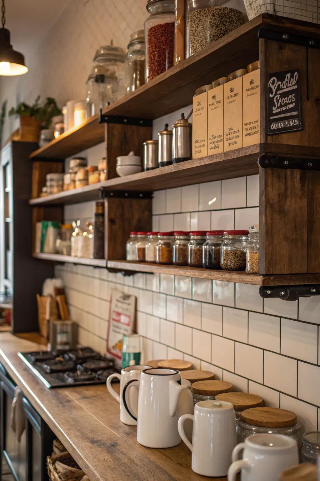 Open shelving in a cafe kitchen showcasing stylish storage solutions.