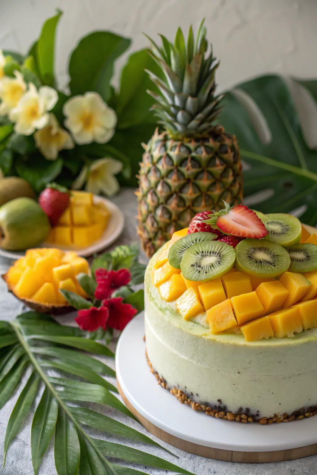 A cake evokes the sensation of a tropical paradise getaway.