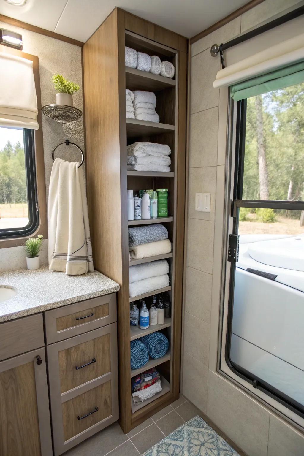 Tall, narrow cabinet for efficient use of vertical space in a camper.
