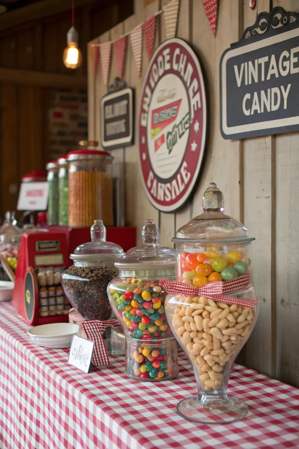 Journey to yesteryear with this quaint retro sweets station featuring vintage delights.