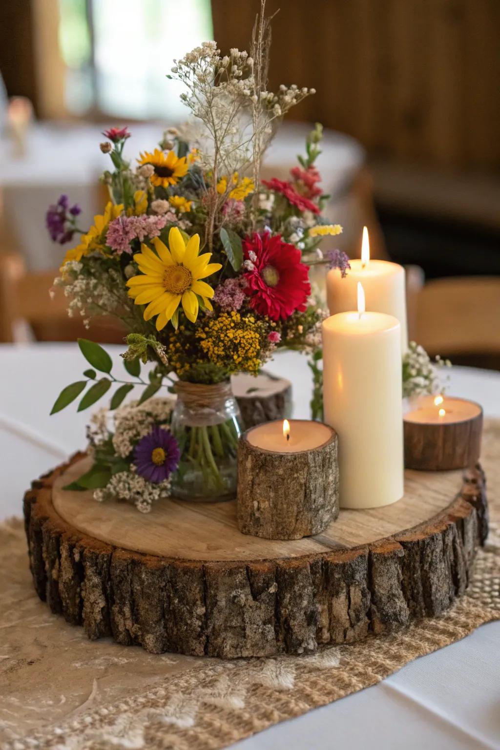 Rustic wood slice centerpiece with wildflowers.