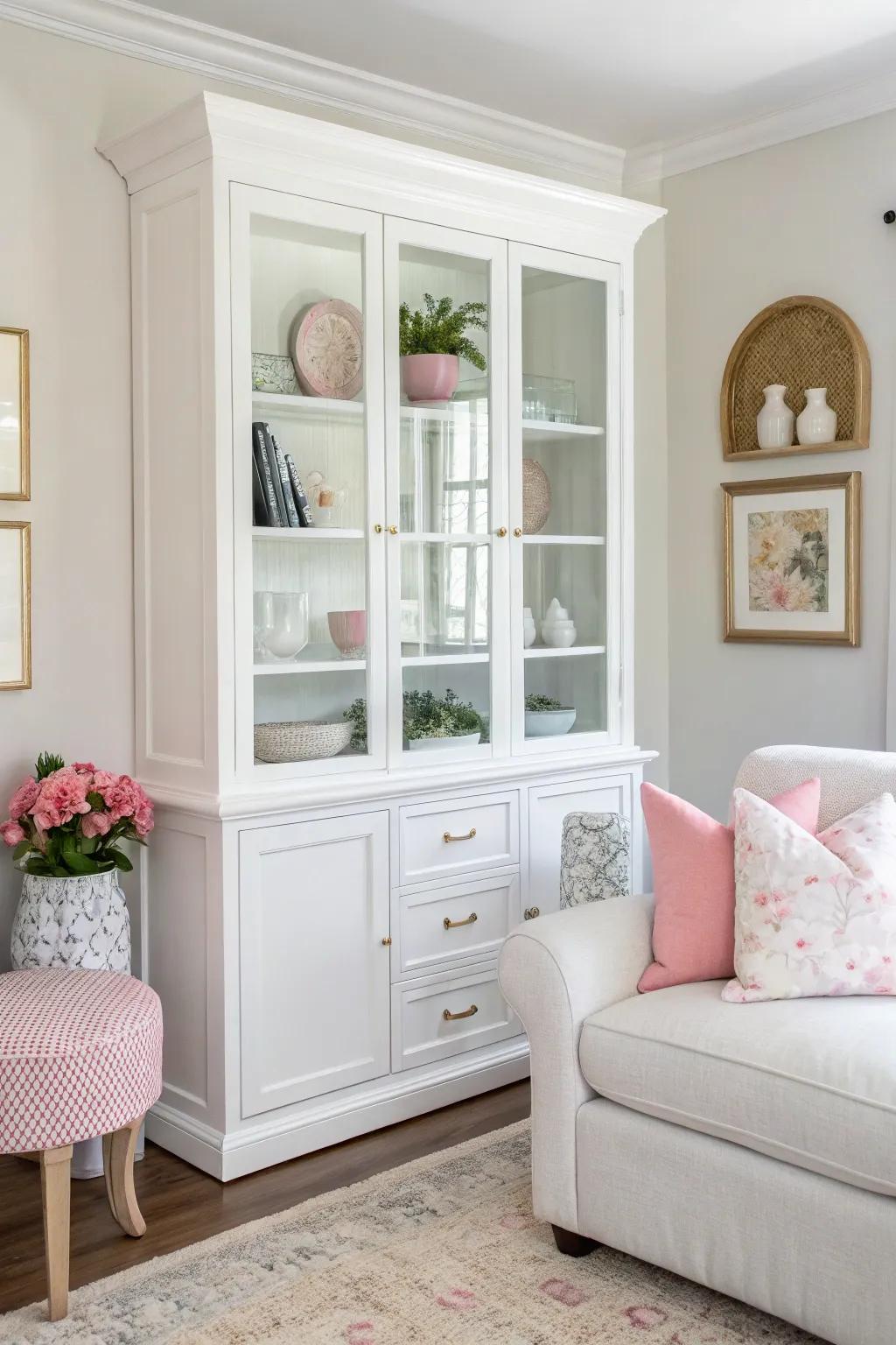 A modern, white display case in a bright, welcoming living room.