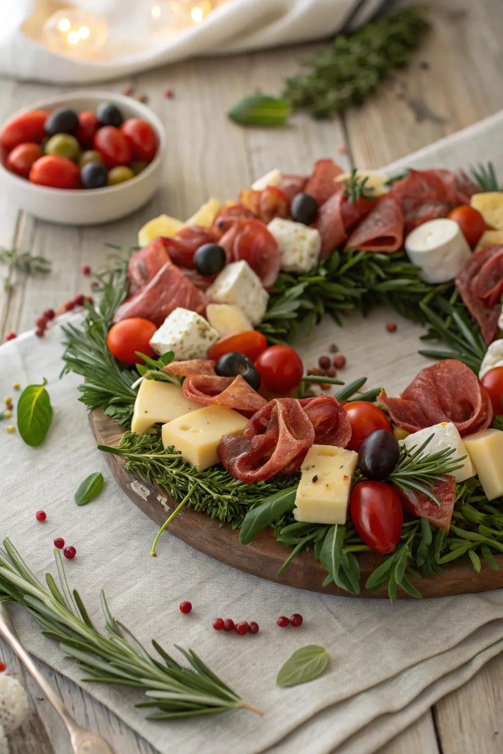 A savory antipasto wreath that delights the senses.