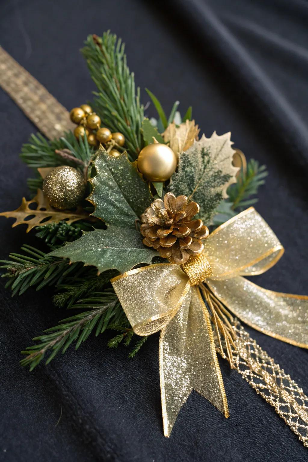 An elegant Christmas corsage with gold ribbon accents.