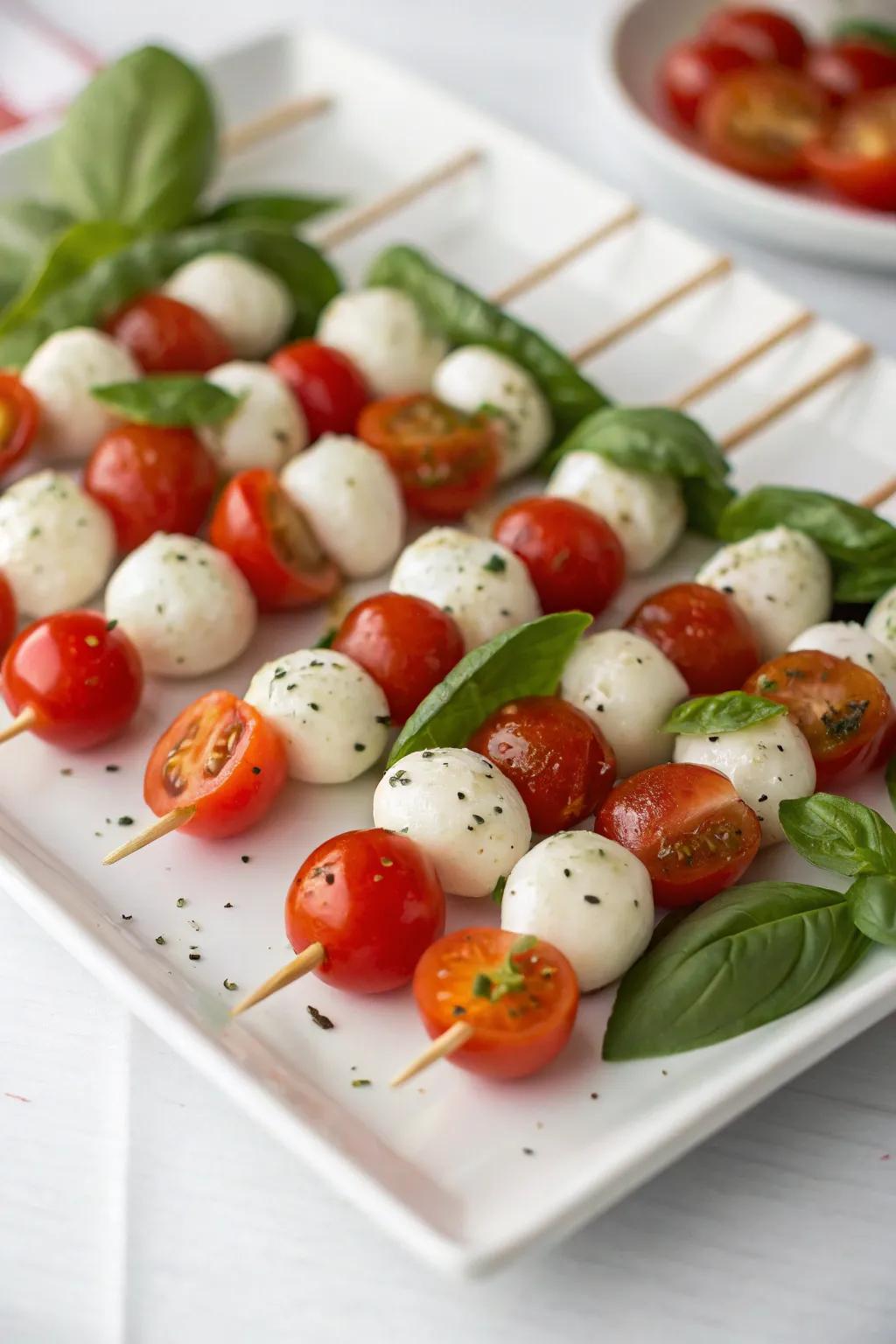 Caprese skewers burst with color on your Christmas Eve spread.