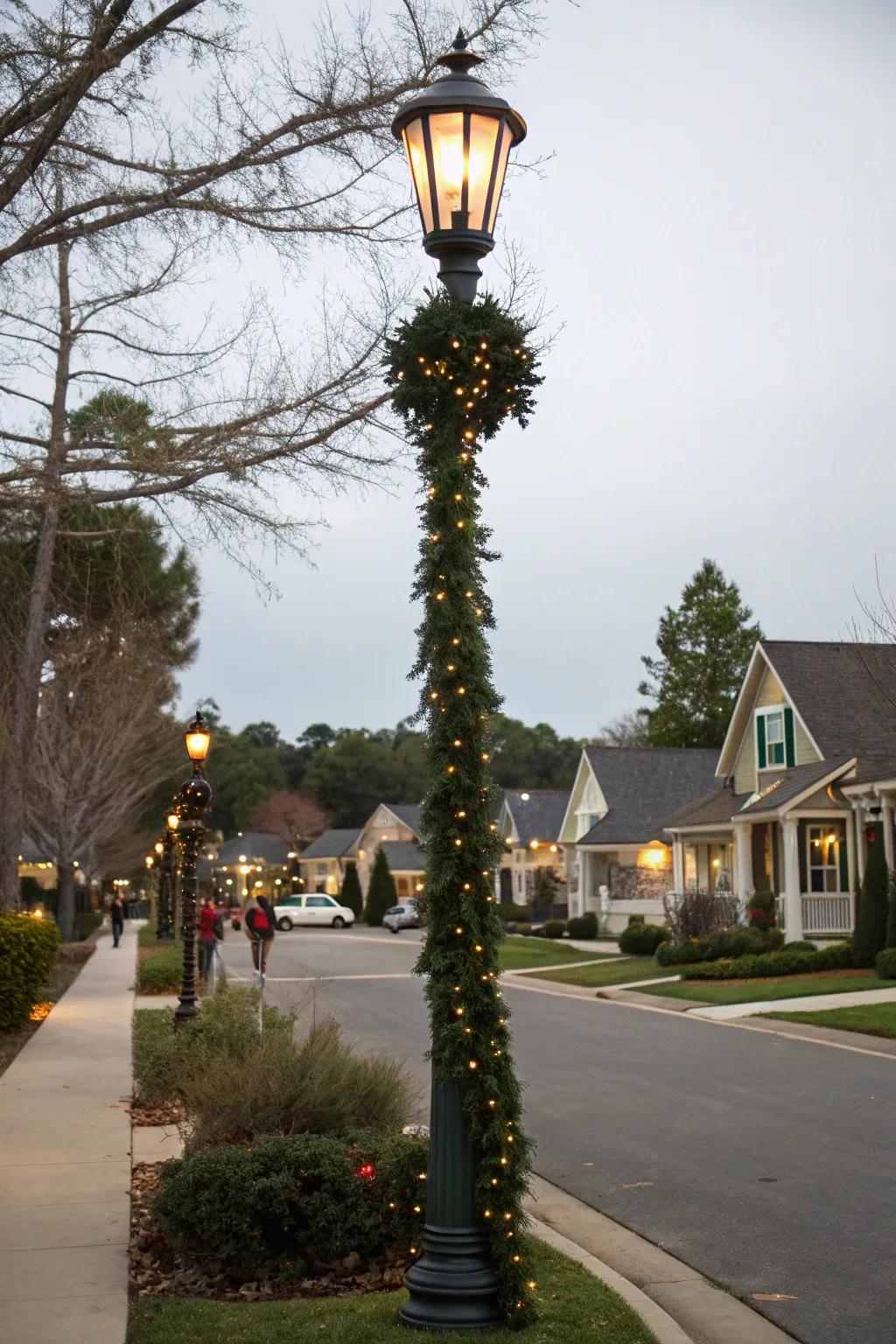 A lamp post embellished with rich garlands and radiant lights.