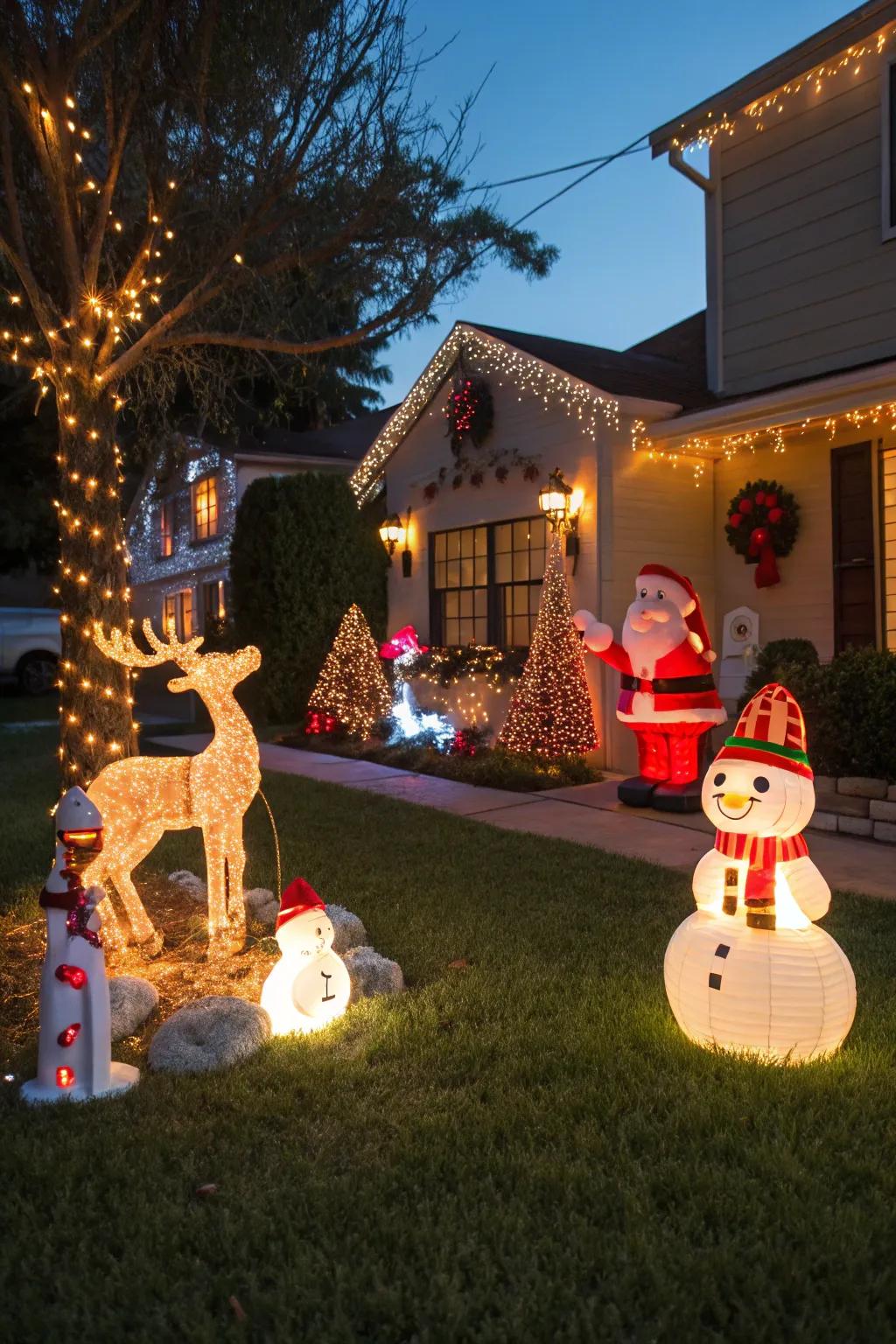 A front yard adorned with enchanting Christmas light displays.