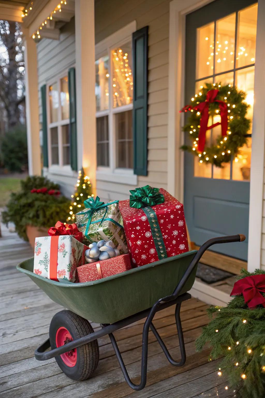 A wheelbarrow turned into a festive display for wrapped gifts.