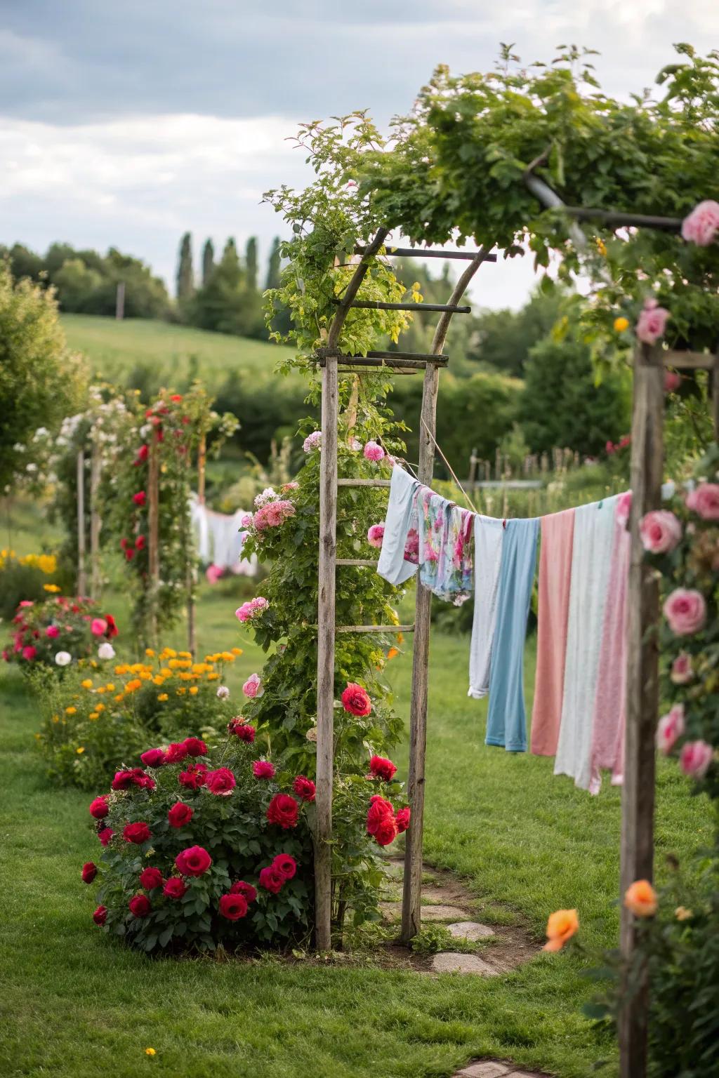 A garden clothesline that adds a floral touch to laundry day.