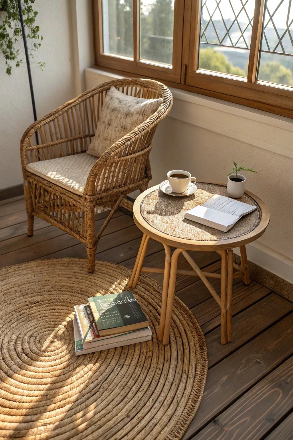 Organic materials like wicker and timber craft a welcoming, coastal-themed space.