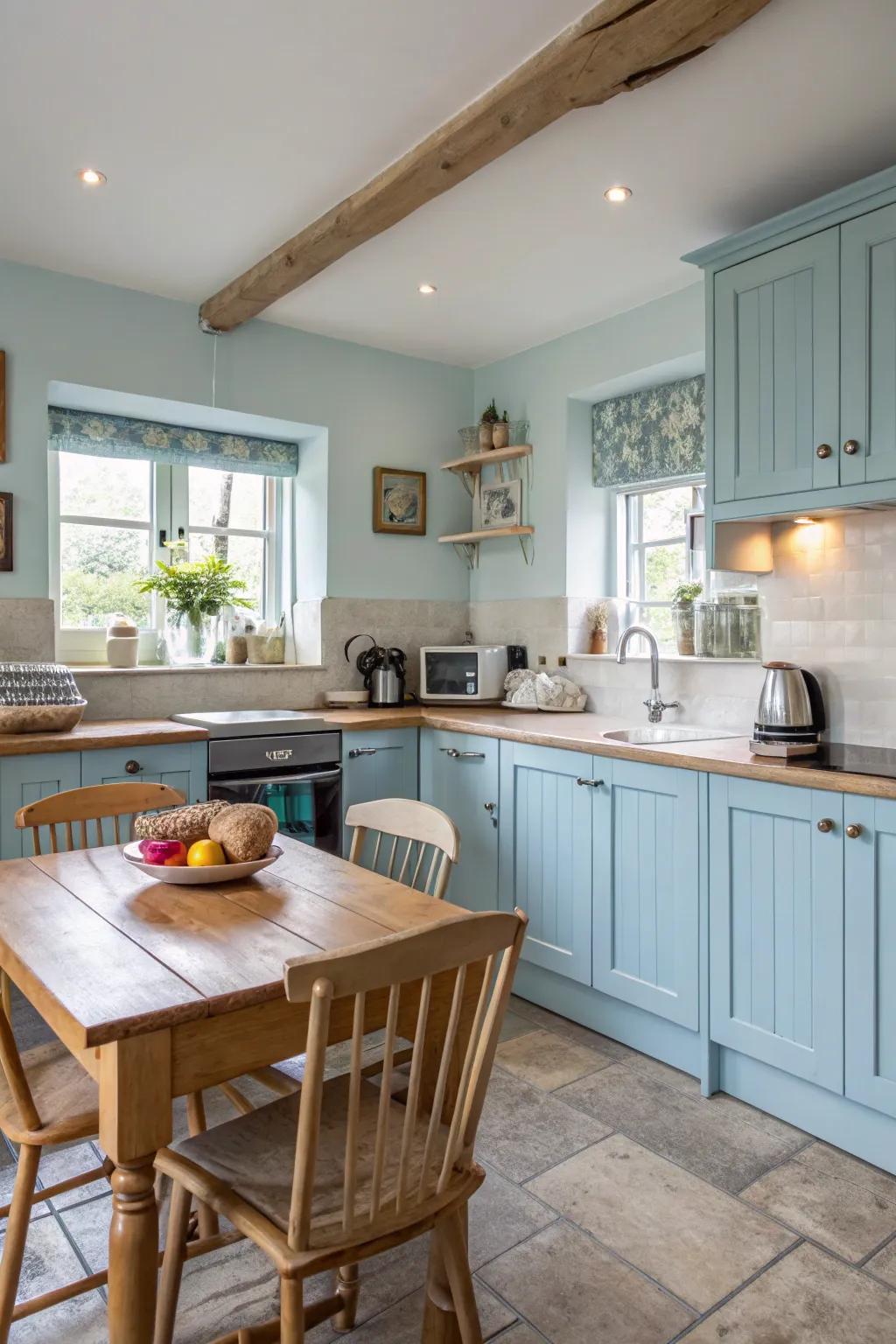 Sky blue cabinets impart a gentle, welcoming sensation to the kitchen.