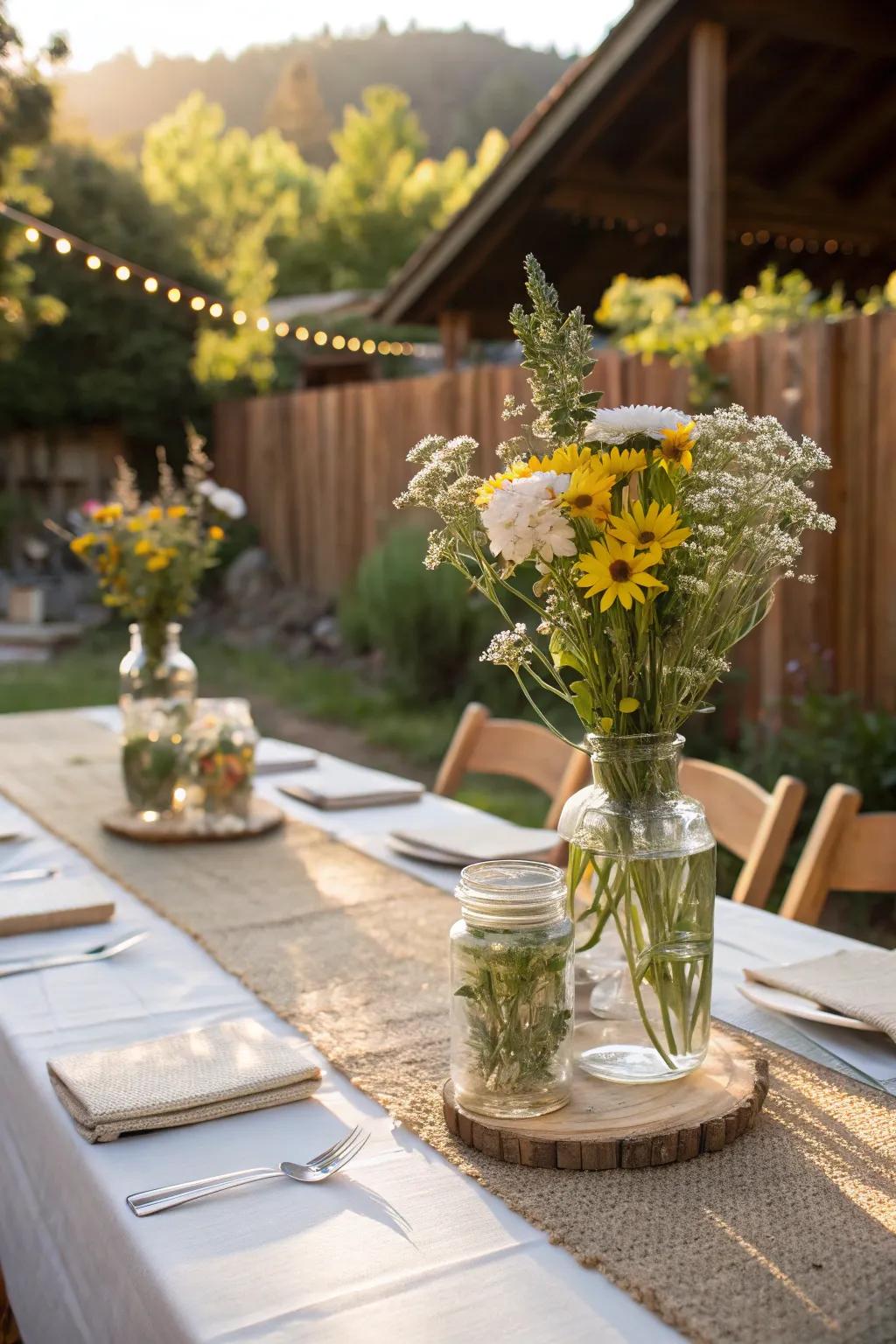 Wildflower arrangements add rustic charm to a country wedding.