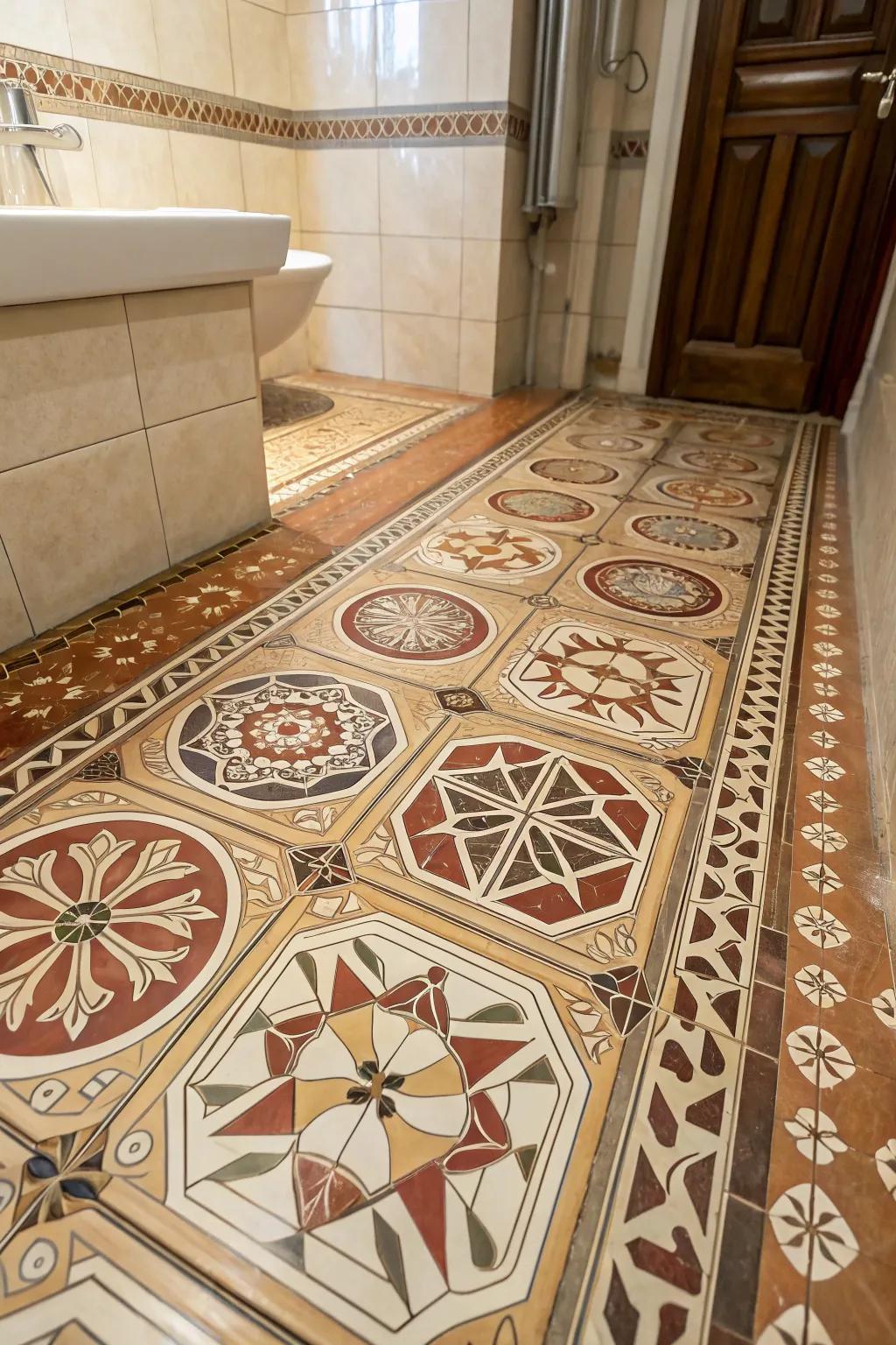 A beautifully patterned tile floor adding texture to the craftsman bathroom.