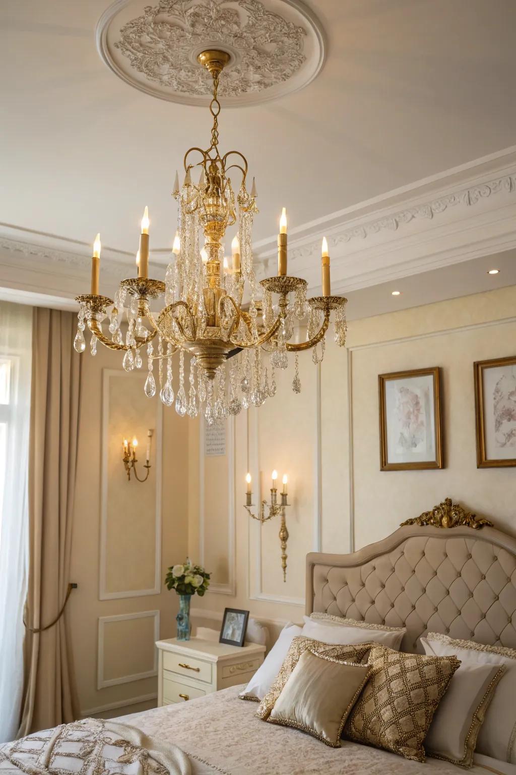 An eye-catching pendant light elevates the room's grandeur and allure.