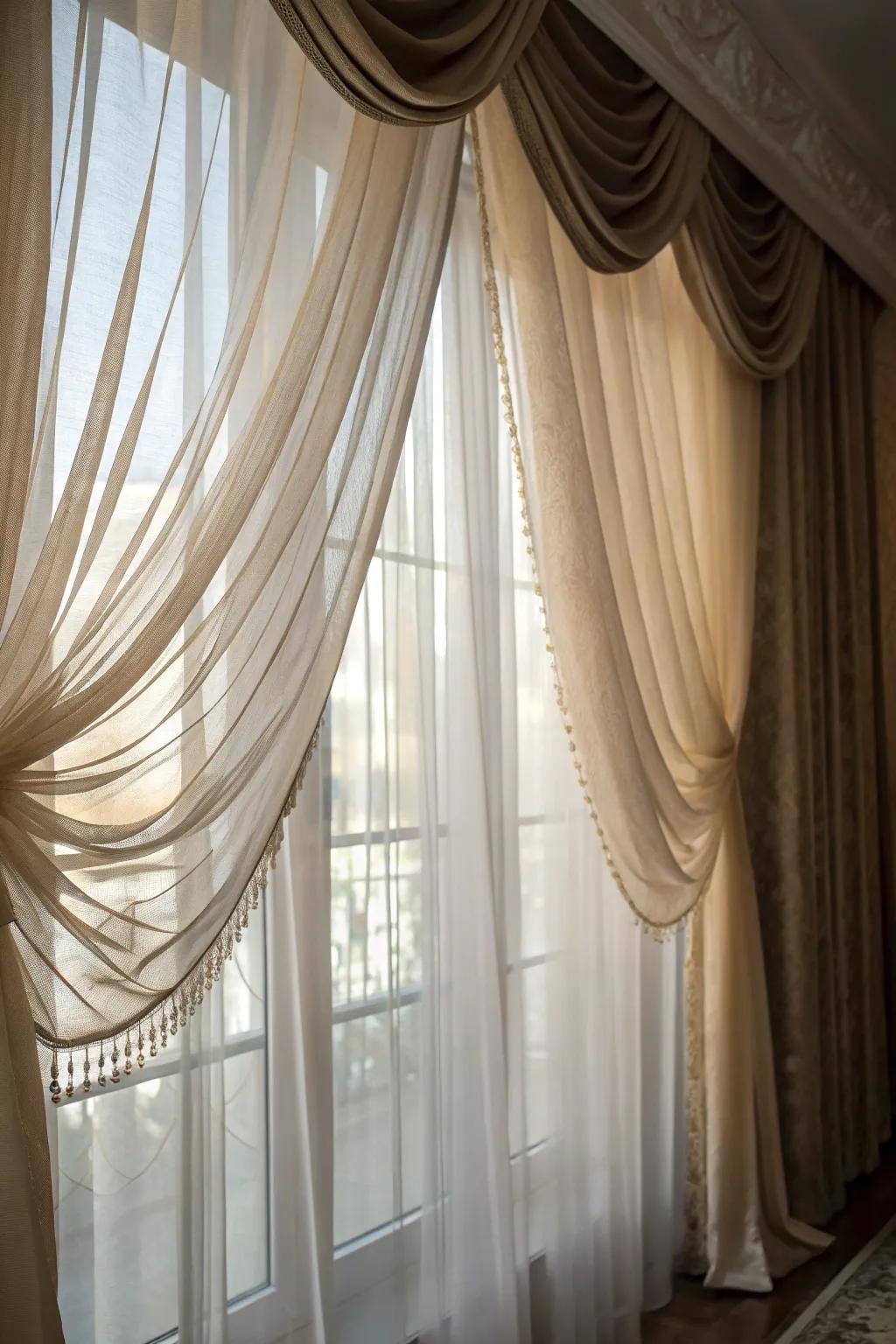 Drapes arranged in layers deliver style and adaptability.