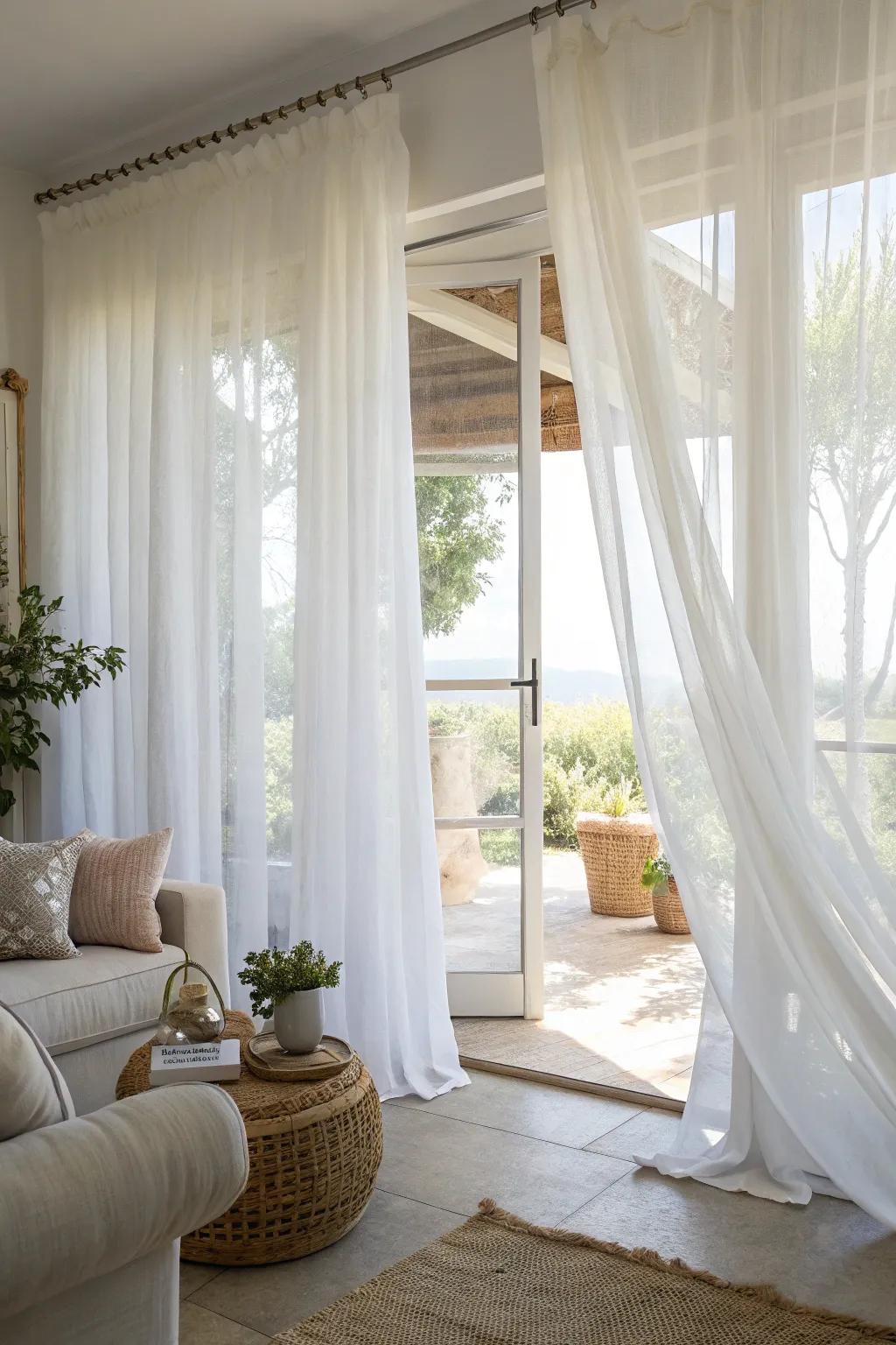 Light filtering window coverings create a bright and airy living space.