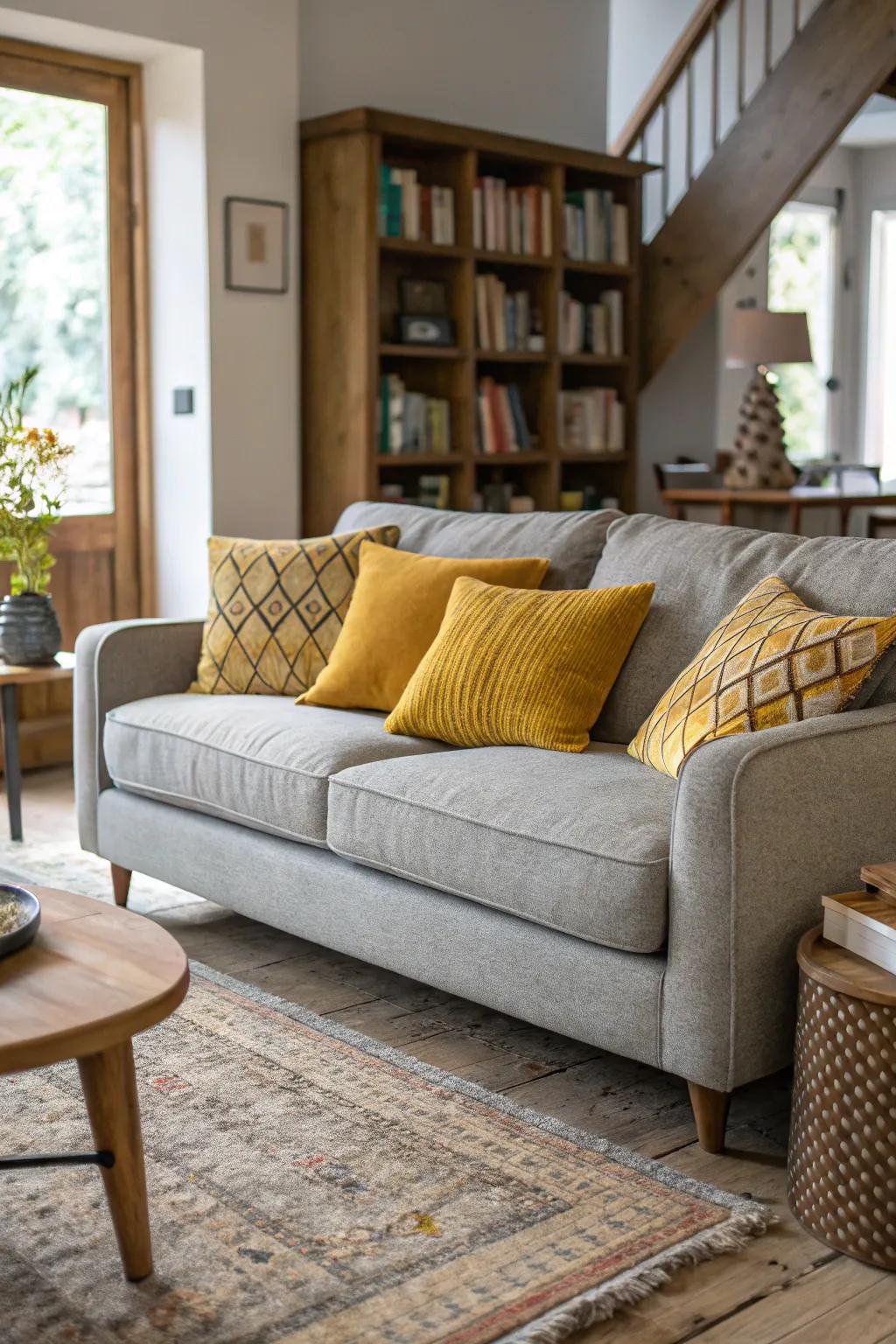 Gold tinted pillows offer a cheerful, welcoming contrast against a charcoal sofa.