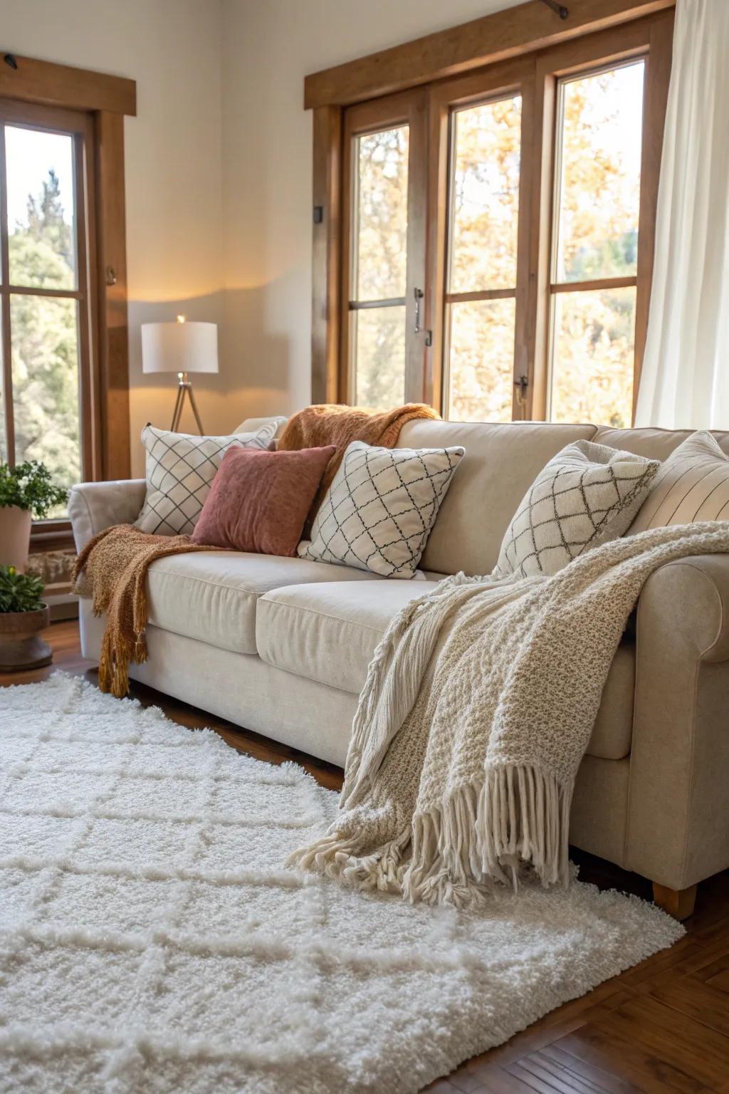 Textured elements like rugs and blankets add warmth to the space.