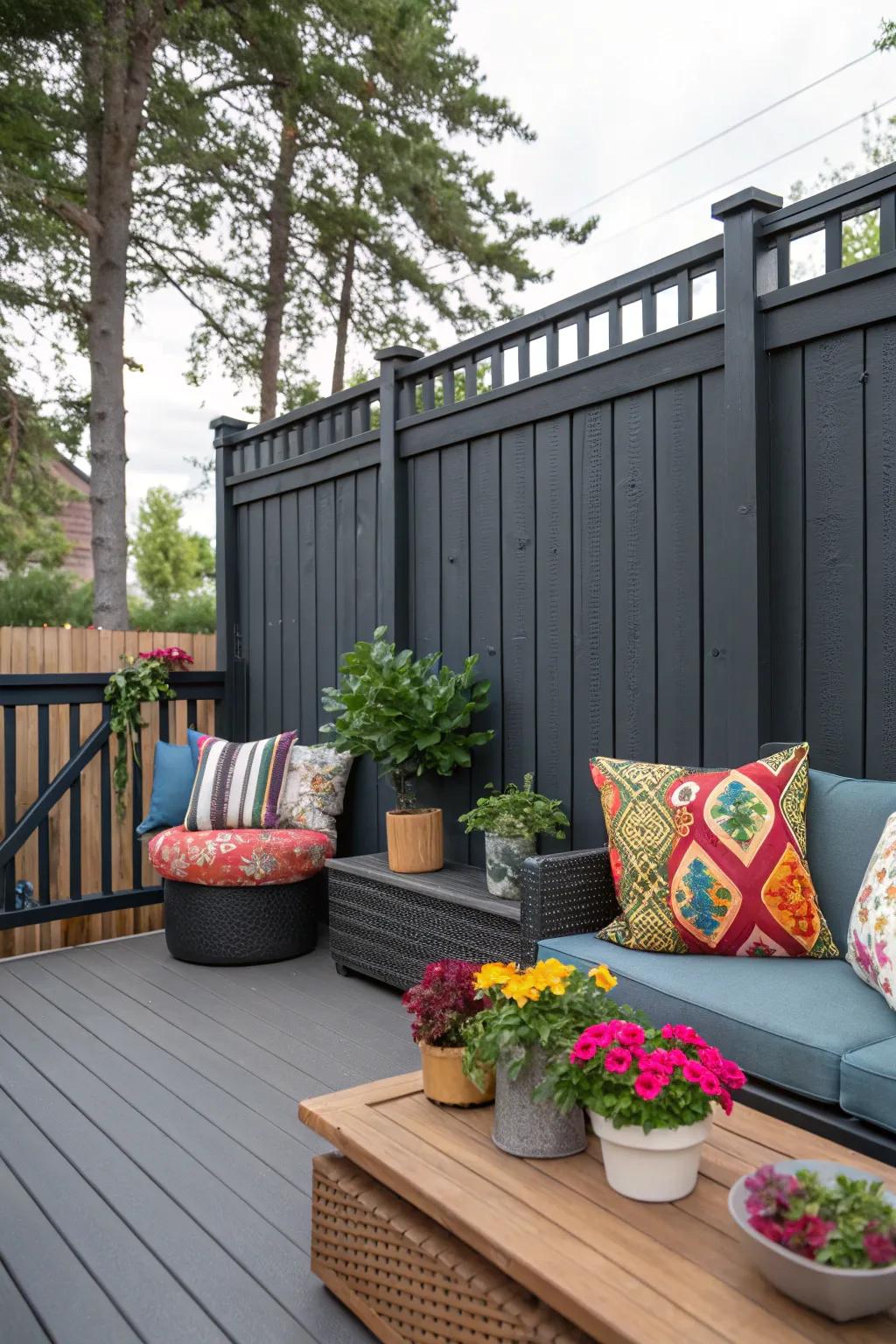 A cozy patio featuring a deep charcoal privacy screen highlighted by colorful pillows and containers.